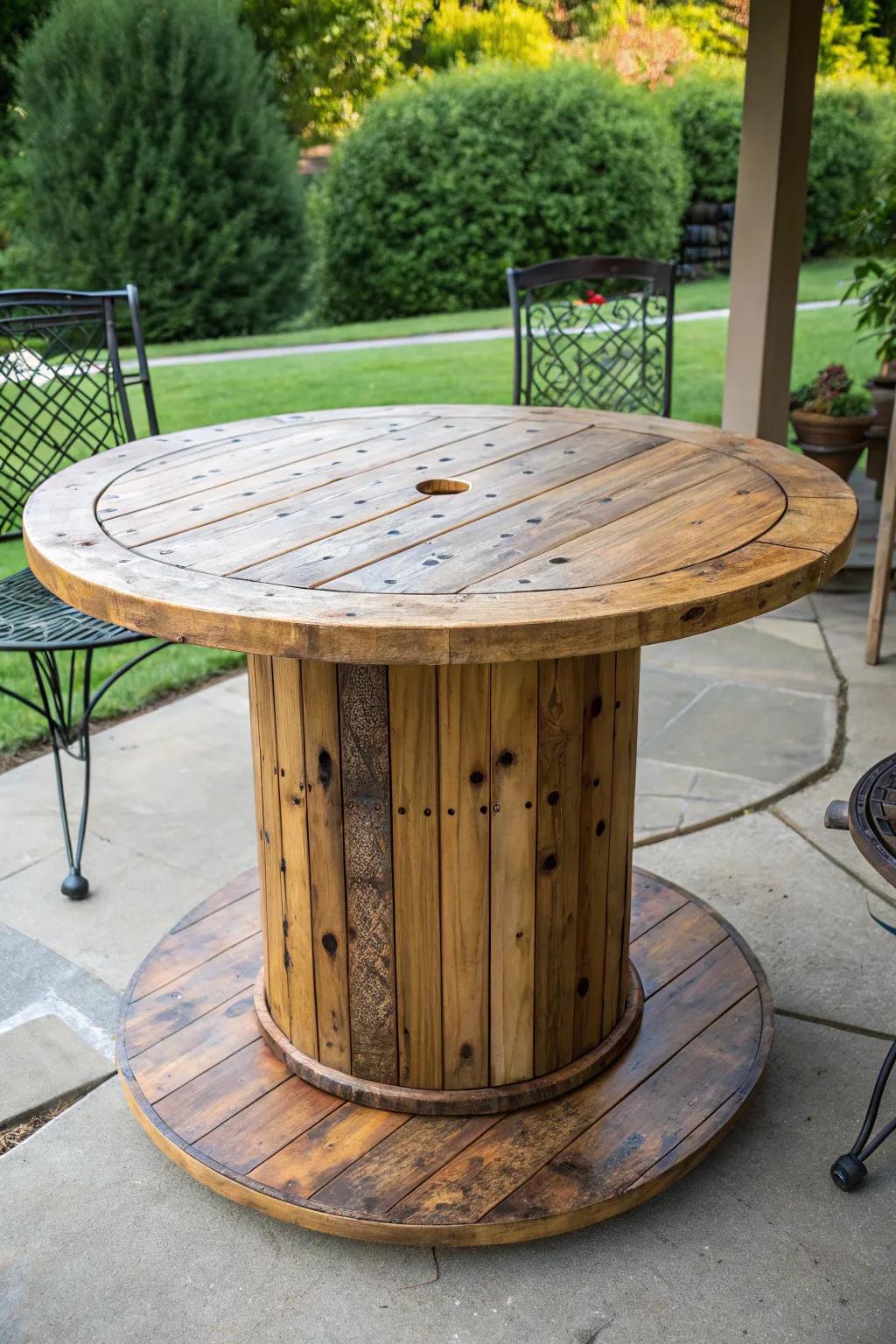 Enhance your patio with this breathtaking DIY wooden industrial reel table—a fusion of countryside allure and eco-conscious artistry.