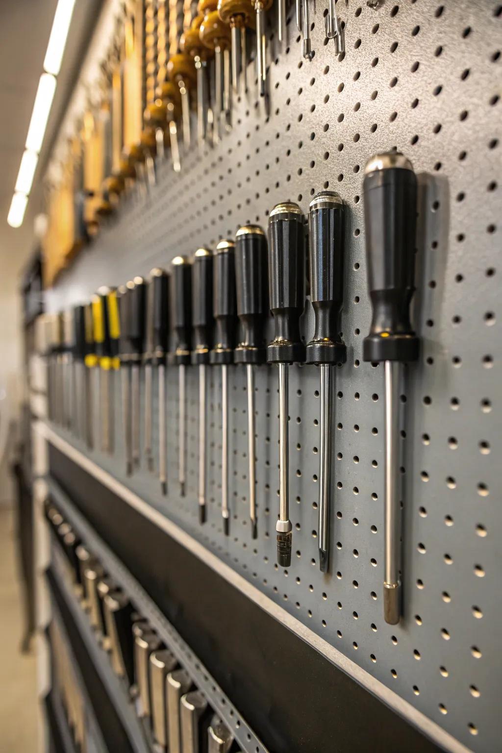 Revamp your workshop with this chic pegboard configuration—marrying utility with industrial aesthetics.
