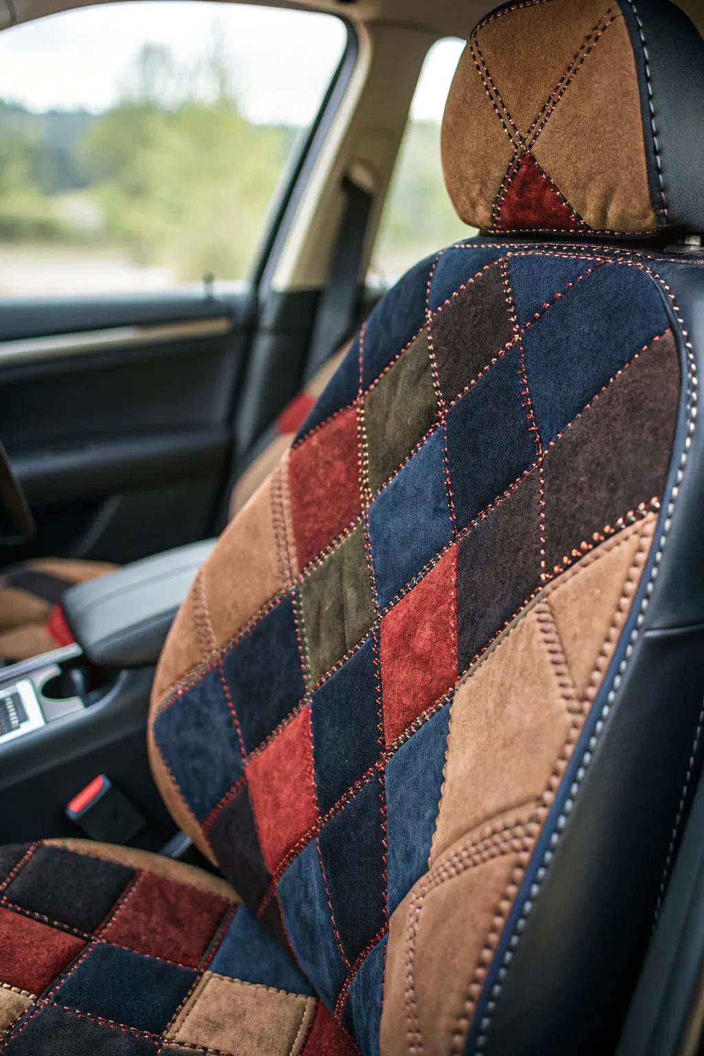 Revamp your vehicle with a hint of handcrafted refinement: a vivid patchwork seat cover that shares a tale.