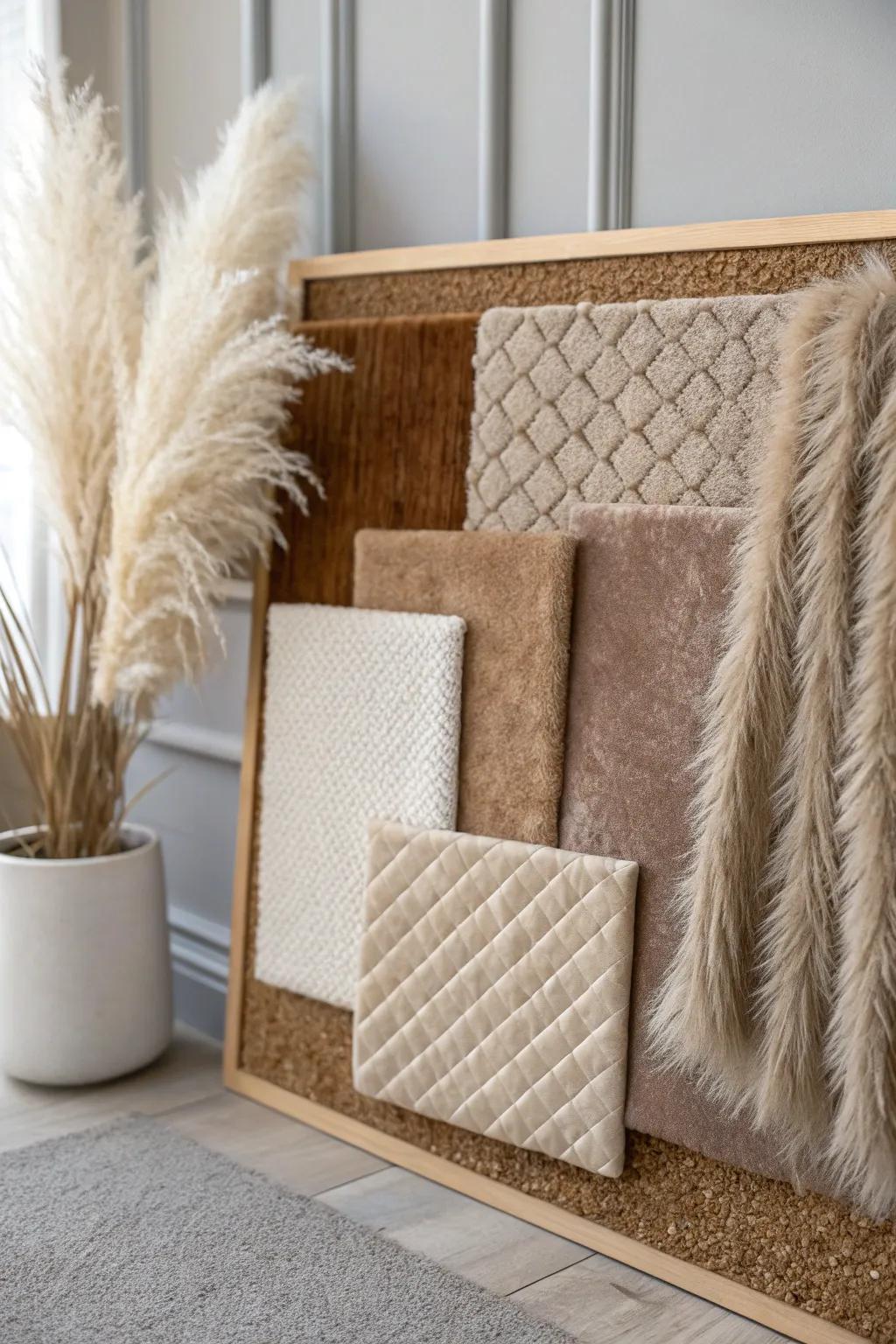 Craft a tactile wonderland with a textured fabric collage that blends minimalist elegance with bohemian charm. 🌿✨