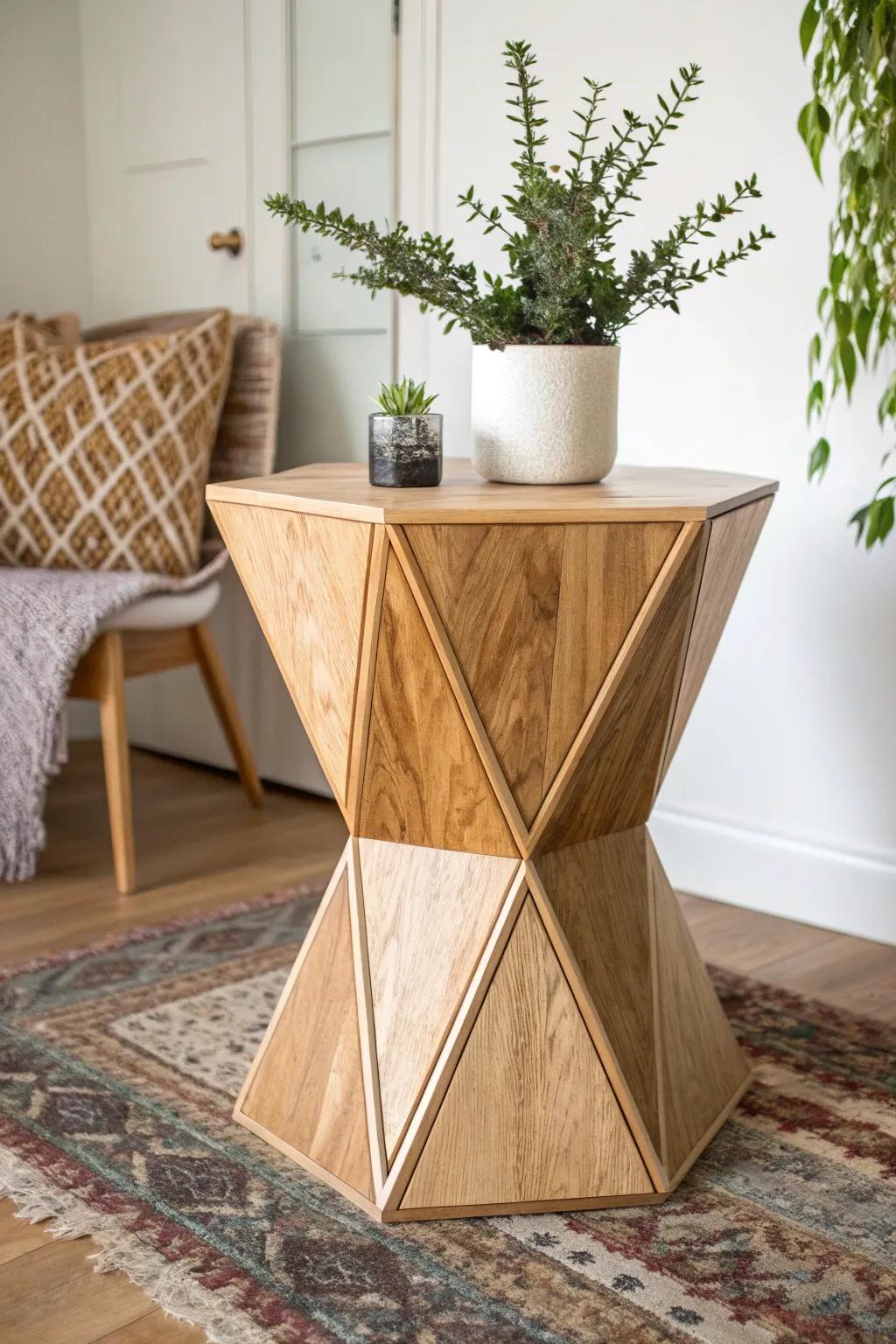 Embrace the charm of unpretentiousness with this geometric side table, where contemporary design harmonizes with innate sophistication.