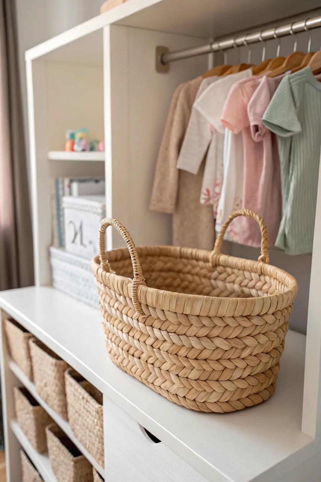 Enhance your baby’s closet with charming woven baskets, adding a dash of natural grace and effortless organization.