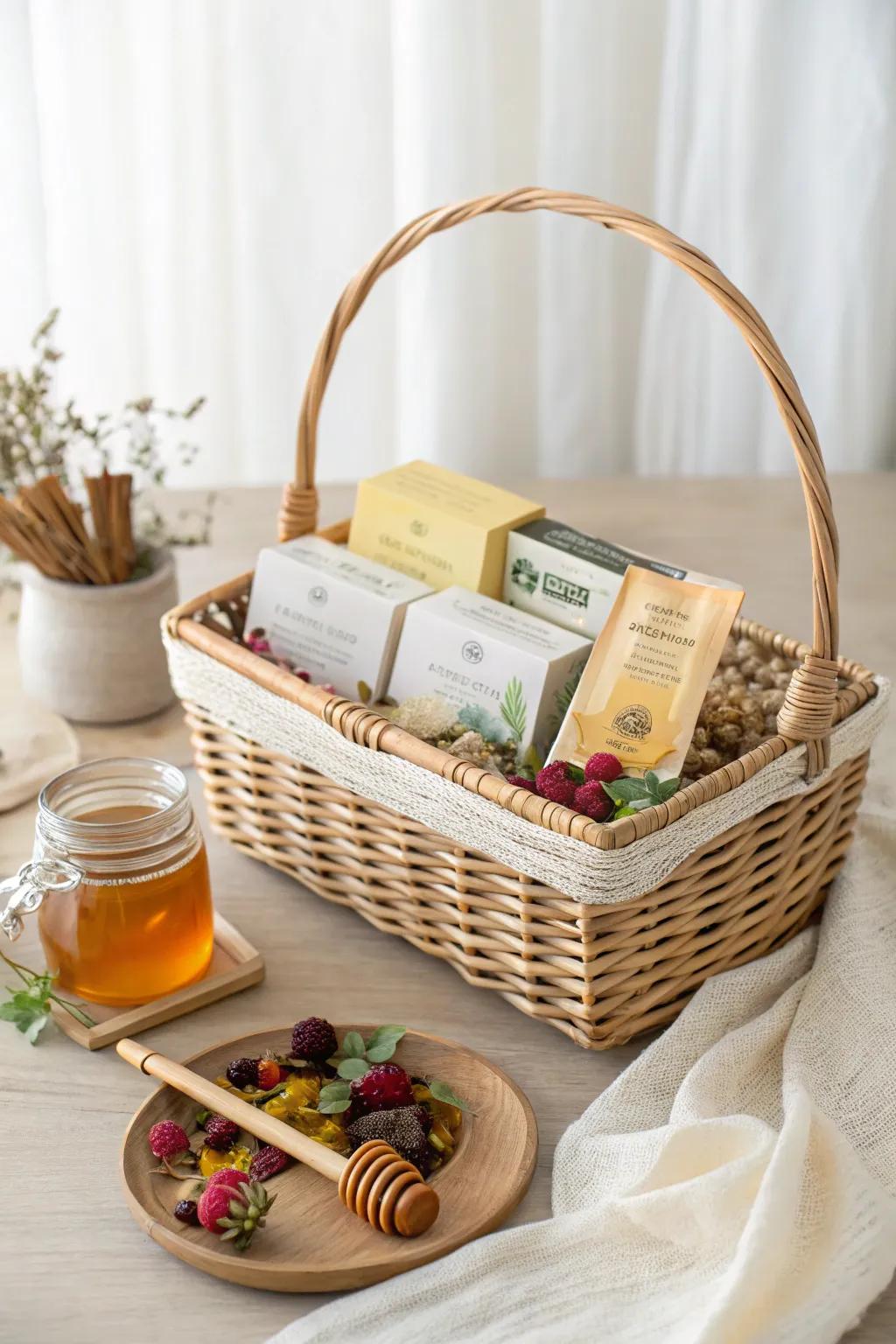 A heartwarming hamper of comfort: Natural infusions, sweet honey, and dehydrated fruits to ease the spirit.