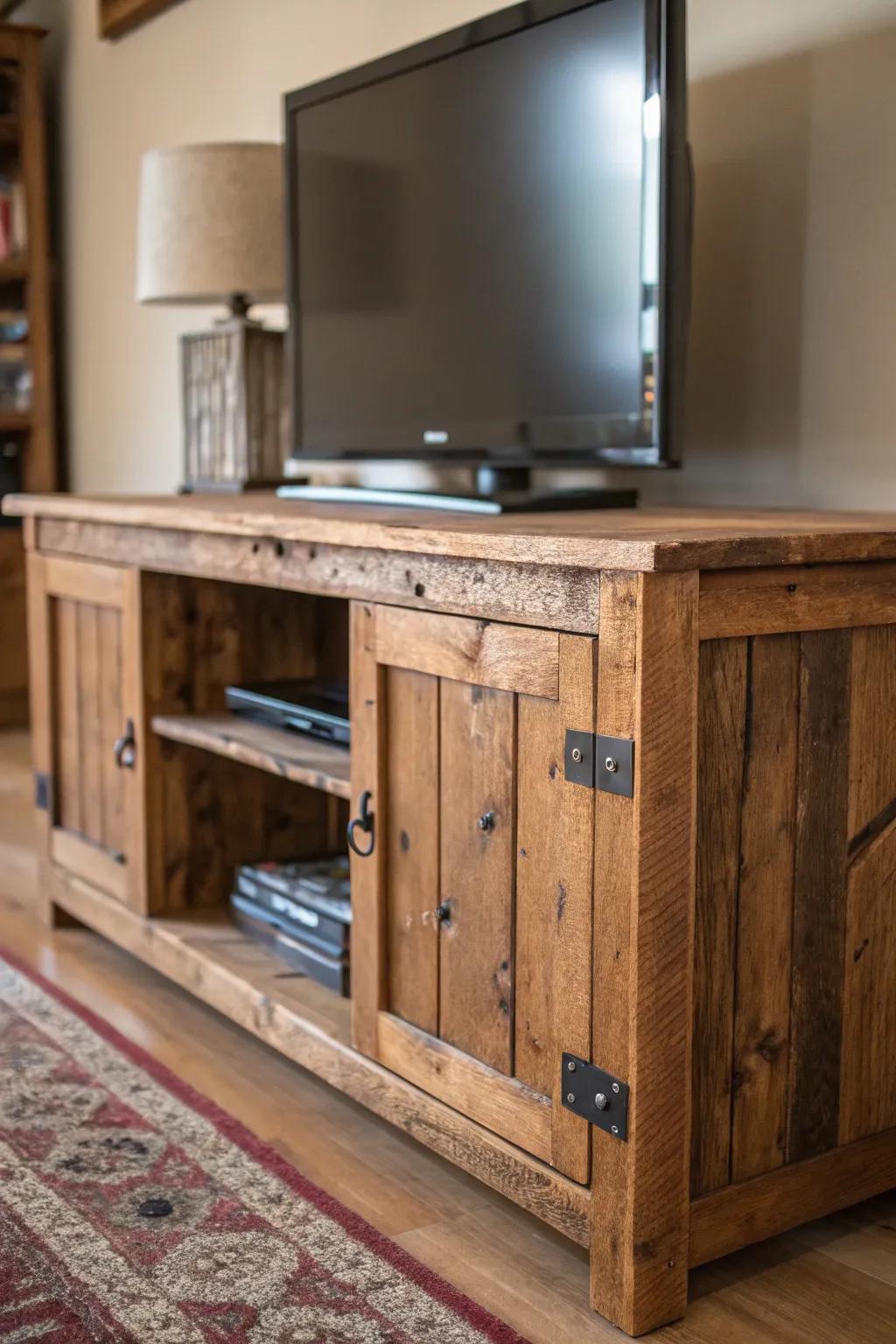 Embrace the comfort of country-style charm with a handcrafted wooden TV stand that transforms your space into a cozy retreat.