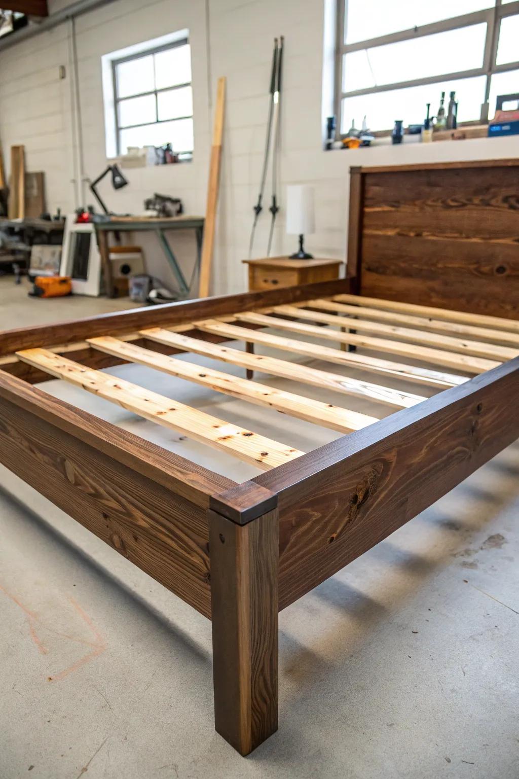 Realize your ideal slumber space with this understated yet refined wooden platform bed structure. Tailored for the DIY devotee who treasures unadorned aesthetics and impeccable craftsmanship.