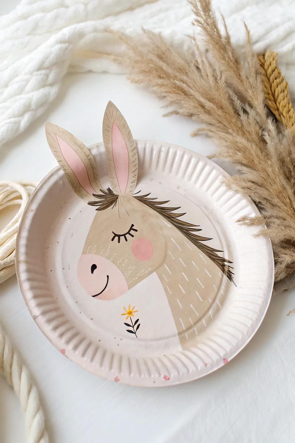 Redesign a simple paper plate into an enchanting donkey visage, embodying a modern aesthetic—straightforward, captivating, and tailor-made for a relaxed crafting session!