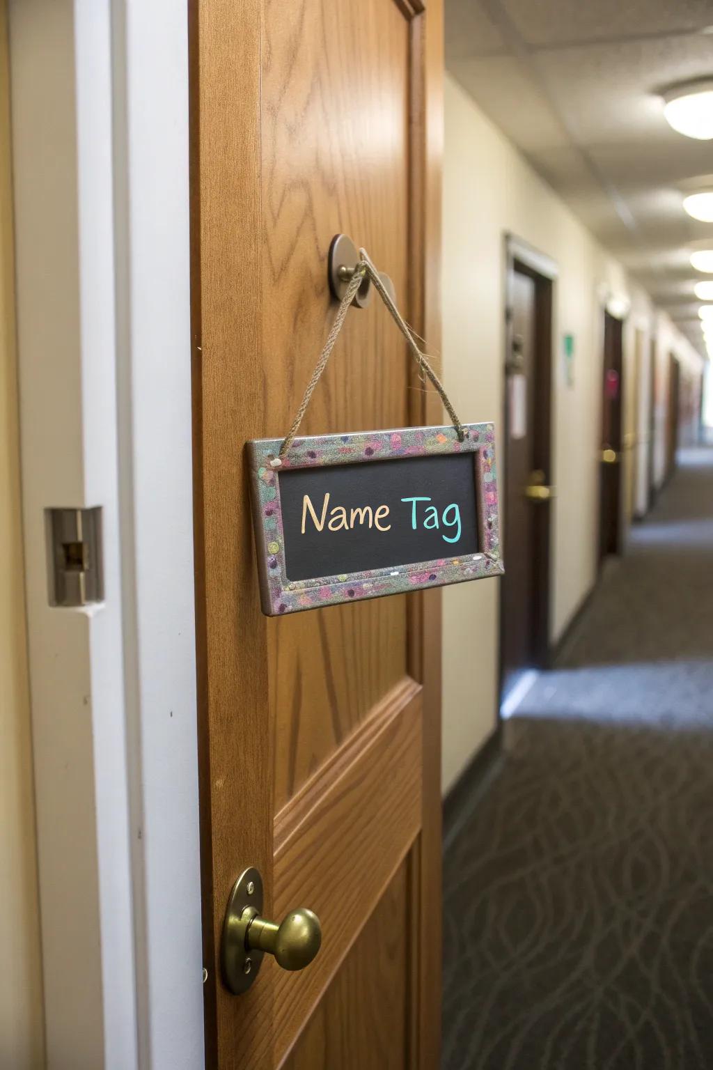 A slate name tag introduces a customized element that shifts with your disposition.