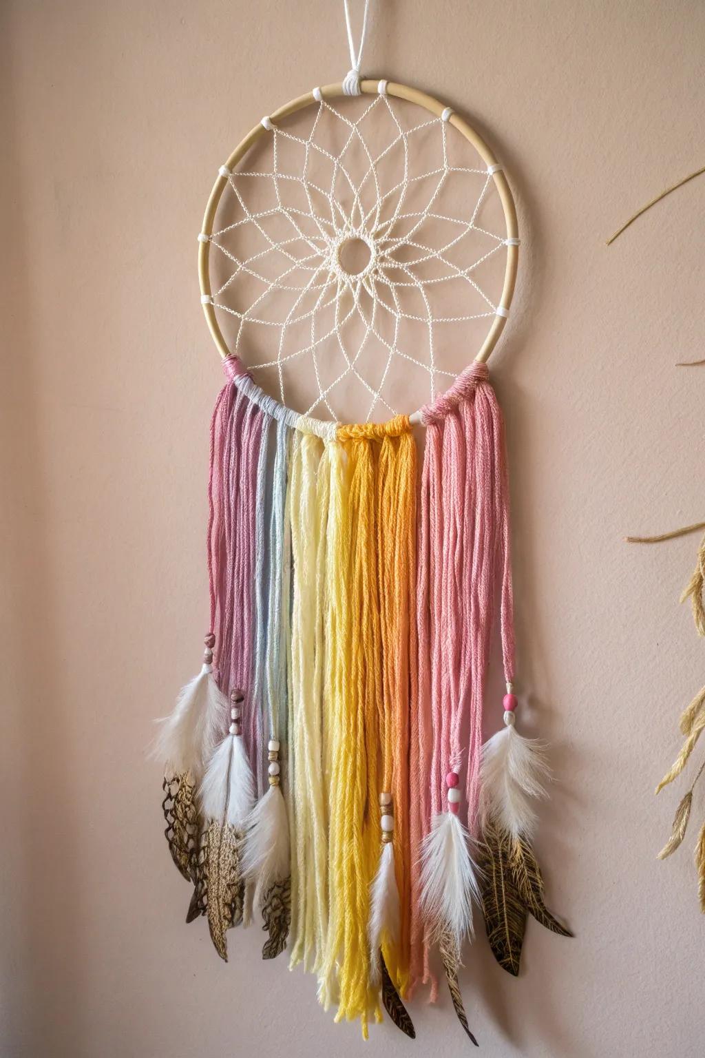 Infuse a burst of color into your space with this captivating rainbow dream catcher, ideal for a minimalist yet vibrant allure.