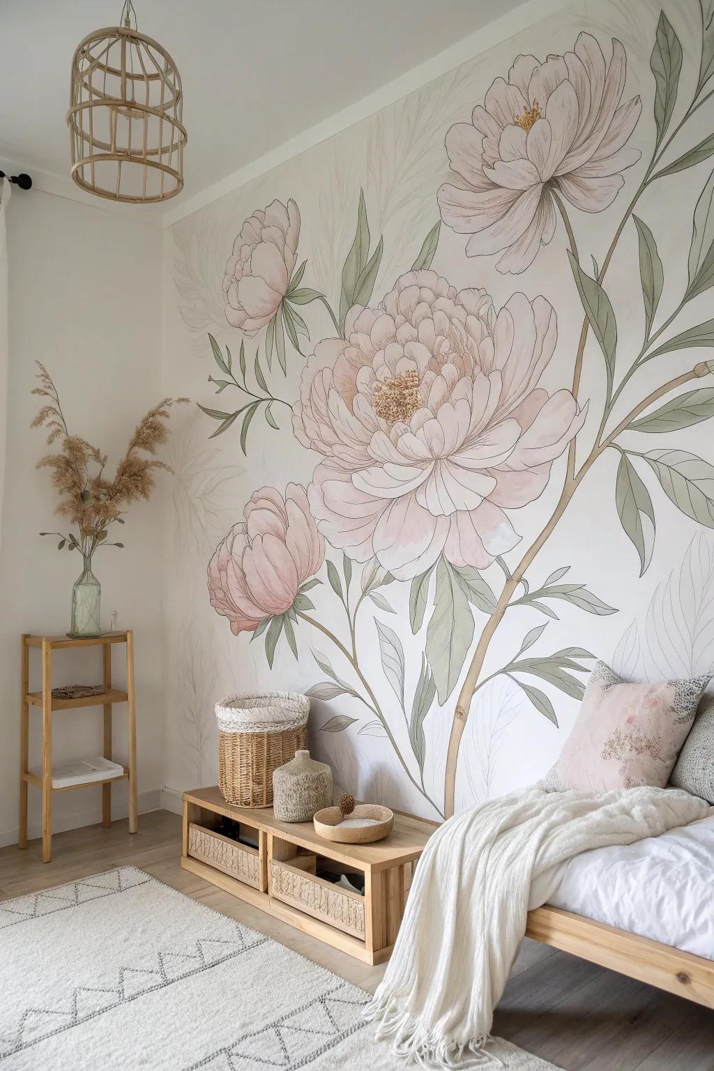 Greet each day in a blossoming garden, courtesy of this exceptional peony mural that channels nature's allure within.