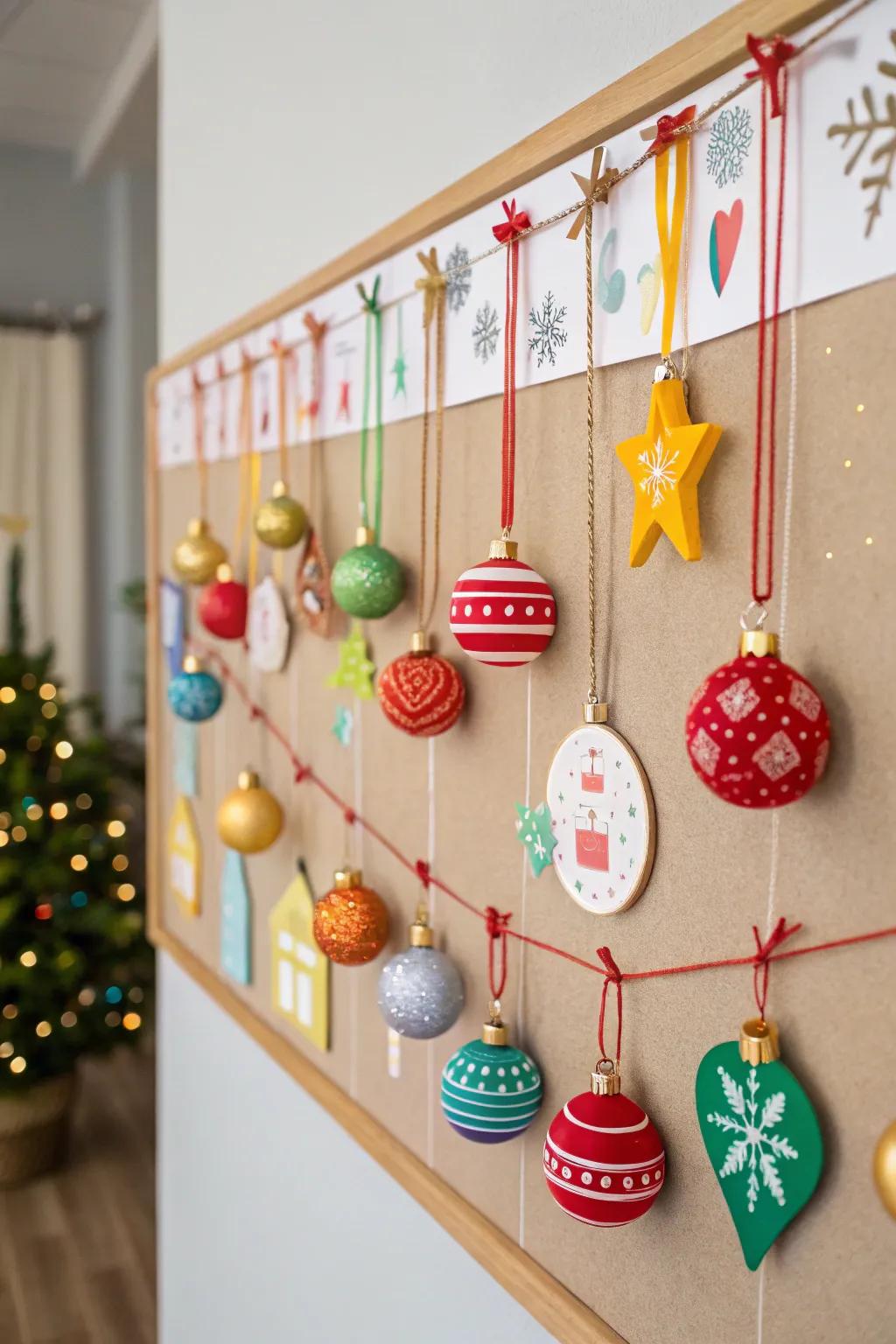Baubles strung across a pinboard instantly bring holiday cheer.