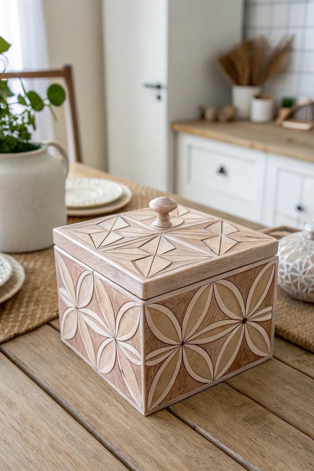 Appreciate the beauty of simplicity with this handmade geometric clay box, an impeccable fusion of Scandinavian design and Bohemian elegance.