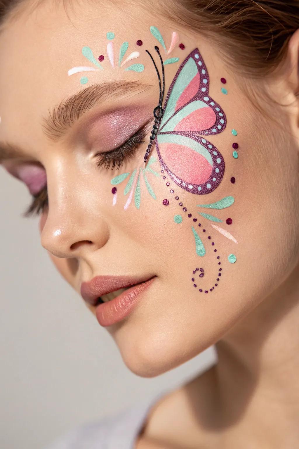 Embrace your inherent butterfly using this captivating face art, suitable for injecting a fantastical element to any look.