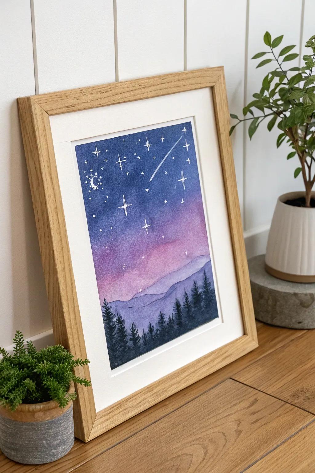 Capture the peace of a dreamy night sky through this minimalist pastel piece, introducing celestial allure to your area.