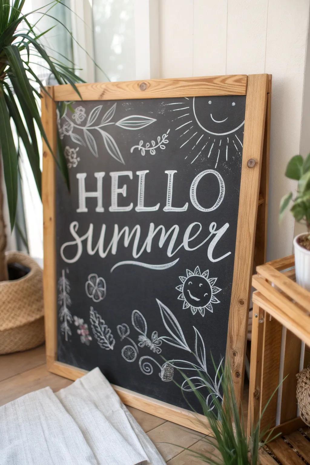 Greet the sunny season with this captivating 'Hello Summer' chalkboard creation, ideal for imbuing your space with a dash of warmth and natural allure.