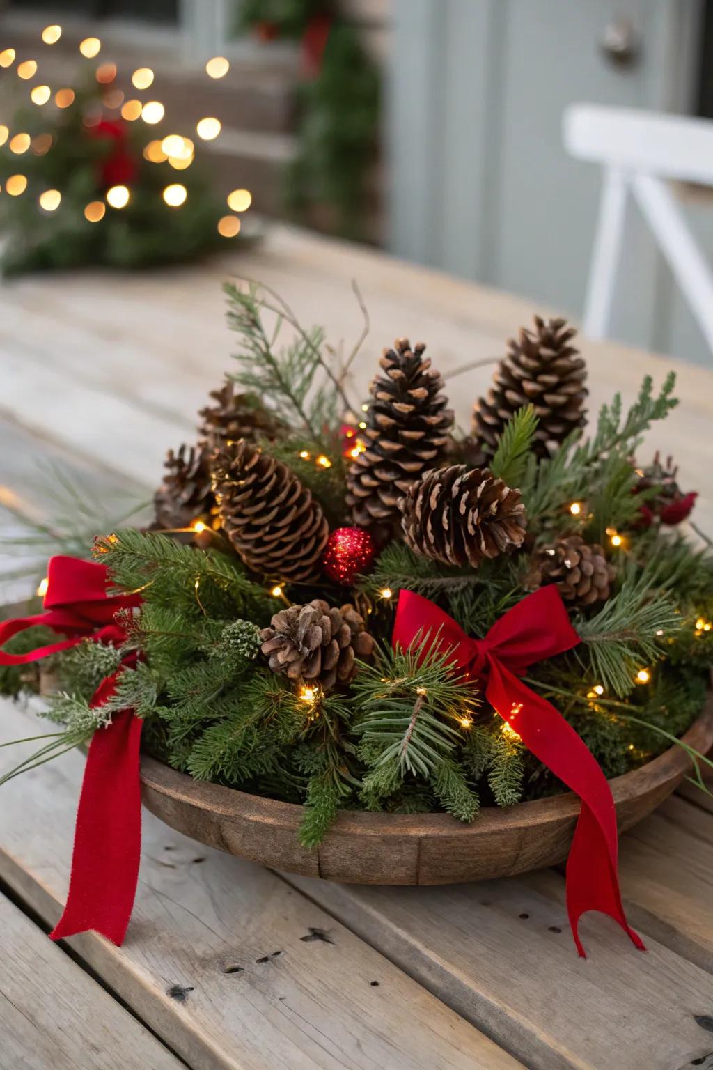Natural accents meld into a snug and attractive centerpiece.
