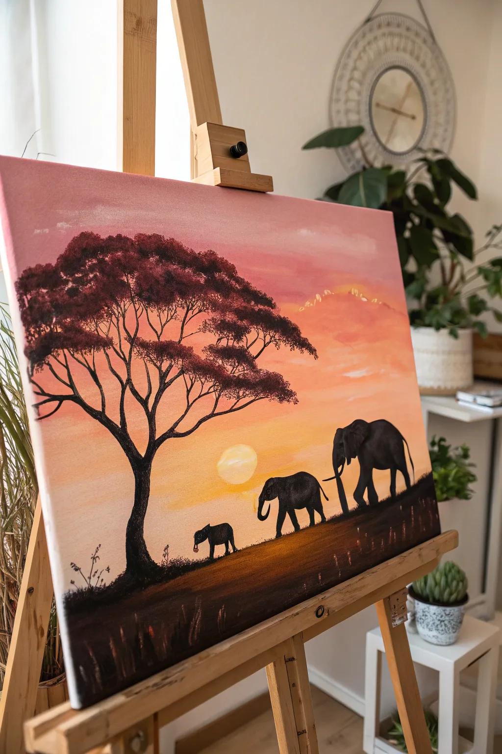 Cherish nature's sophistication through this enthralling elephant form set against a vibrant sundown – where effortlessness meets artistry.