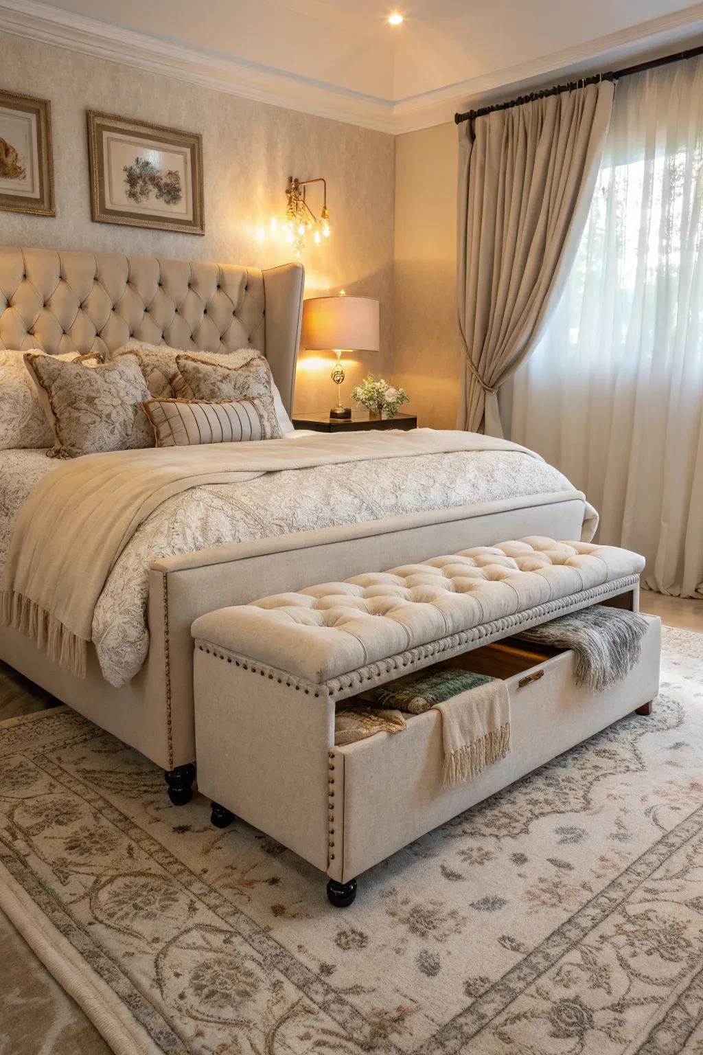 A cushioned storage seat blends comfort with practicality.