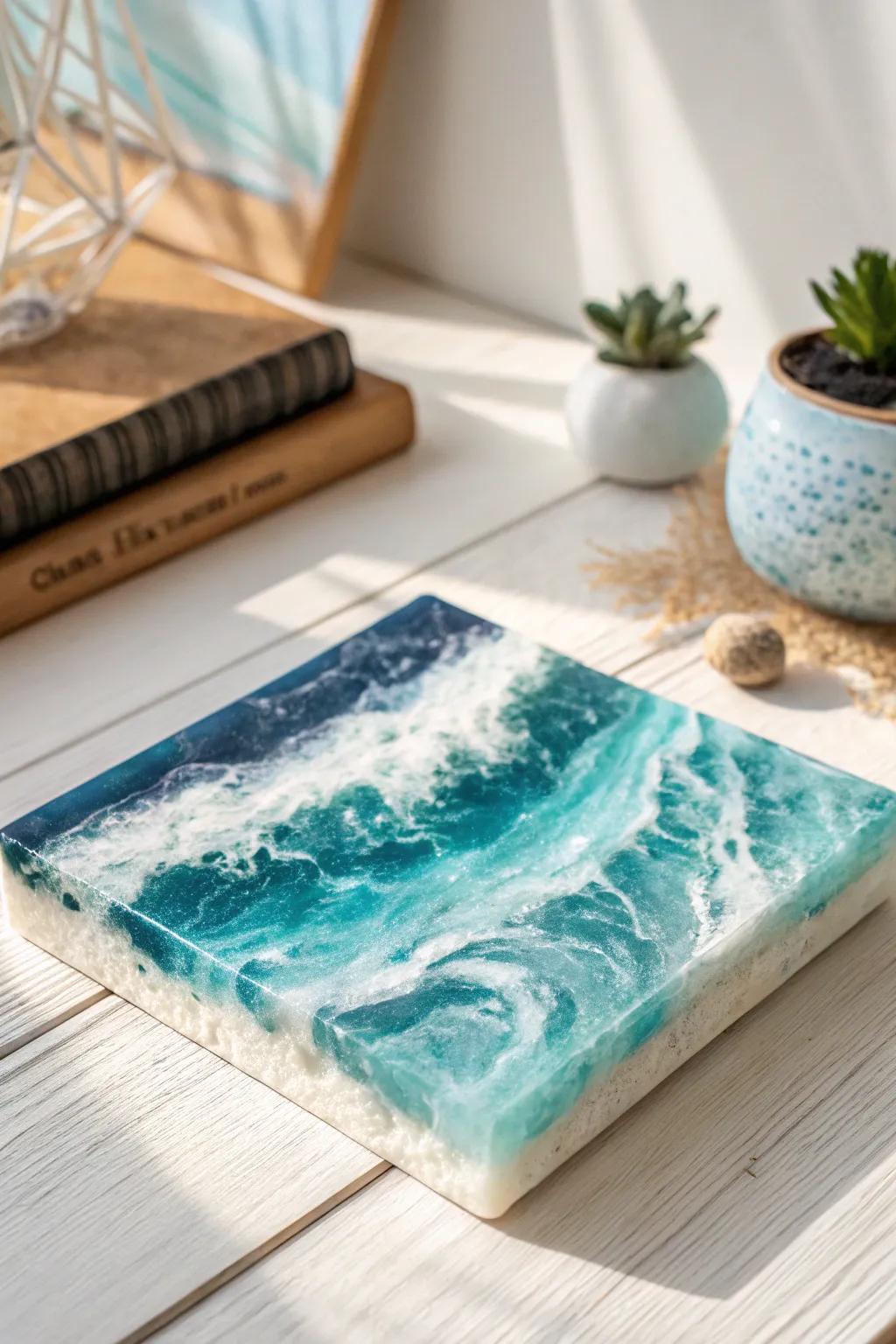 Introduce the tranquil charm of the ocean into your dwelling through handmade ocean wave resin art.