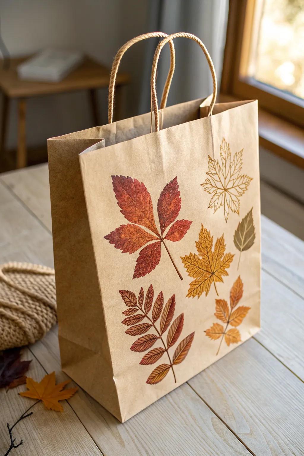 Capture the essence of autumn with these beautifully crafted leaf-stamped paper bags, perfect for a touch of rustic elegance.