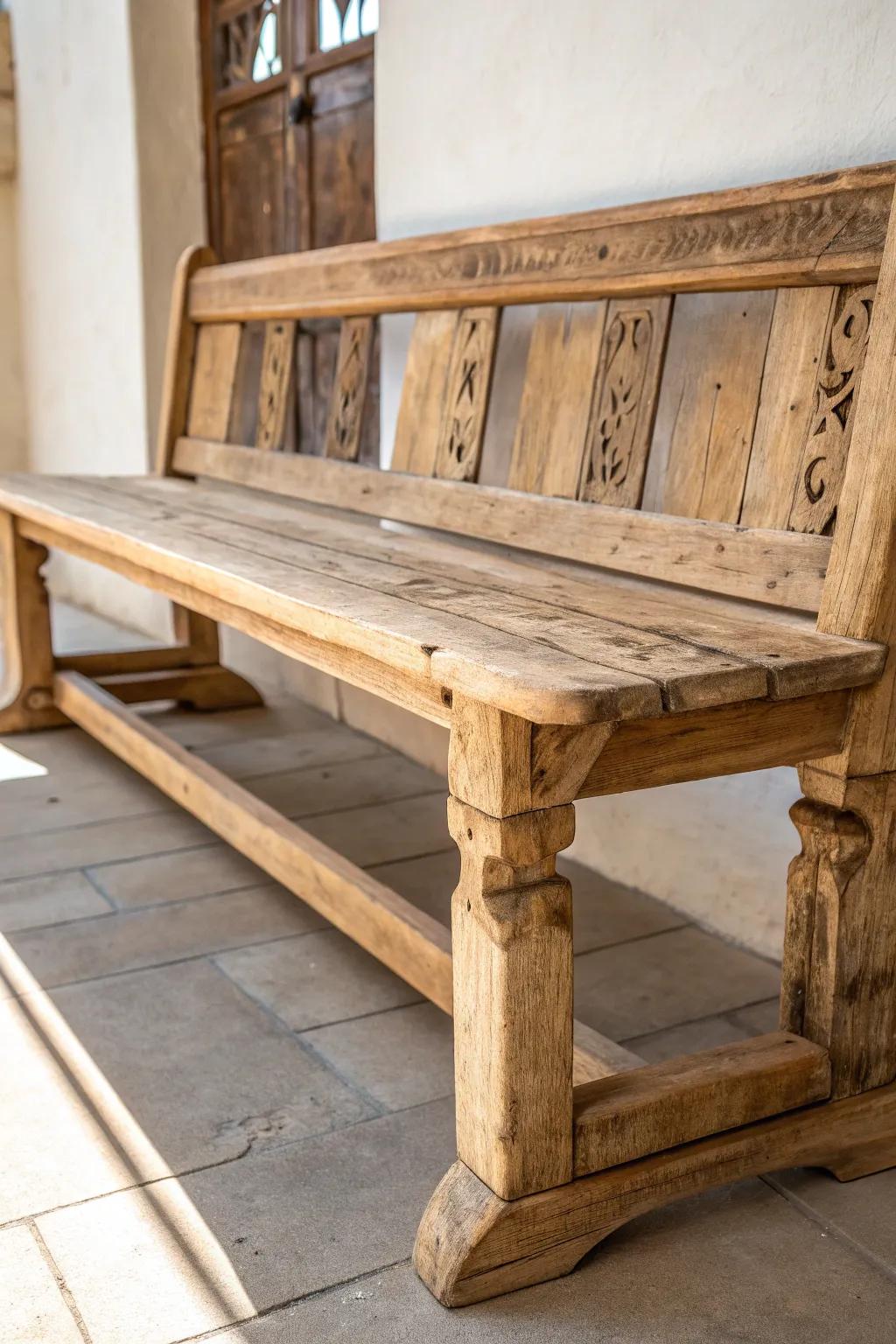 Immerse yourself in the timeless charm of rustic design with this expertly crafted wooden bench.