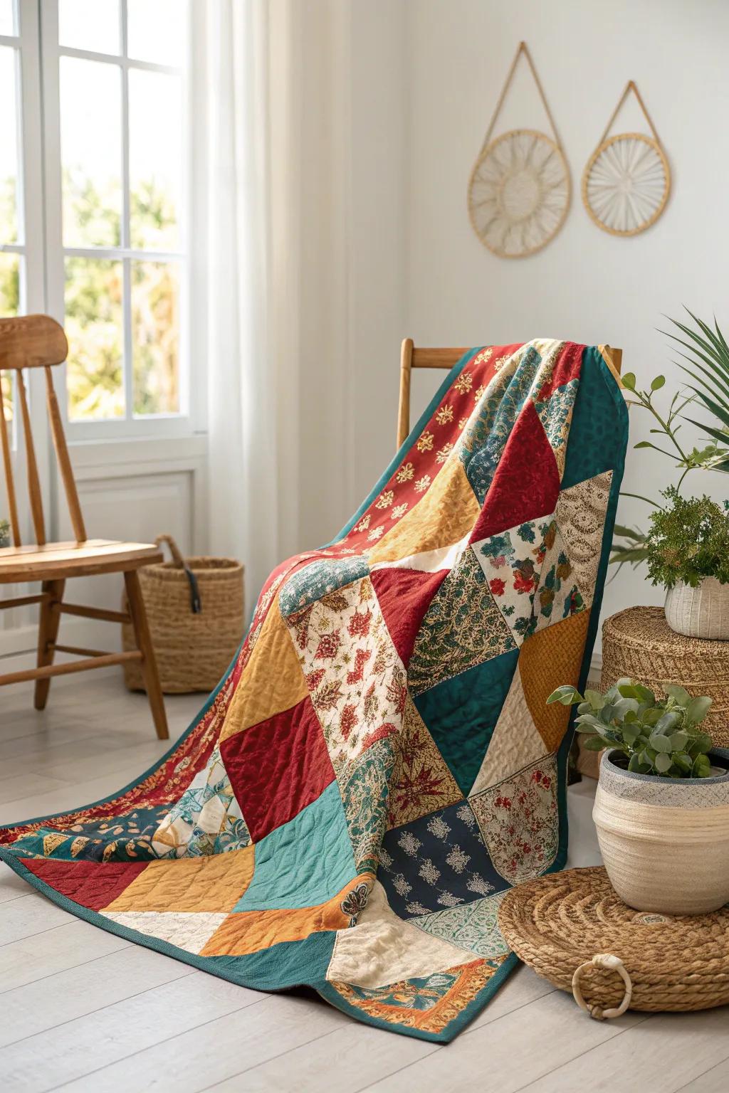 Celebrate the artistry of patchwork with vibrant prints that infuse life into your space.