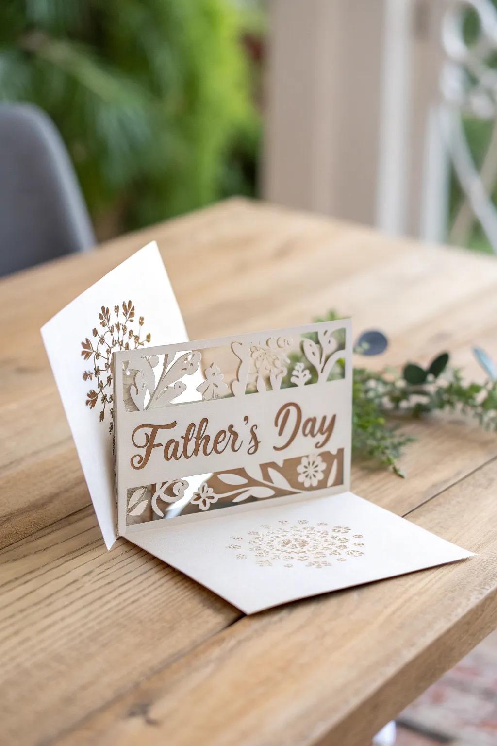 Discover a heartfelt sentiment with this refined pop-up Father's Day card, where artistry meets understated grace.