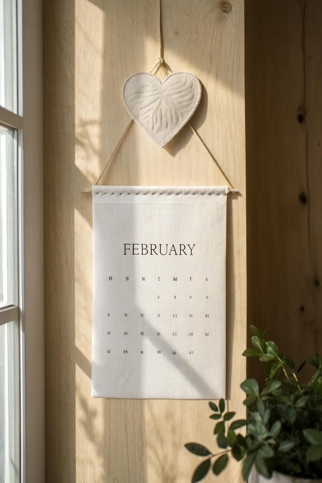 Relish love daily through a February calendar showcasing hearts, blending straightforwardness with refinement.