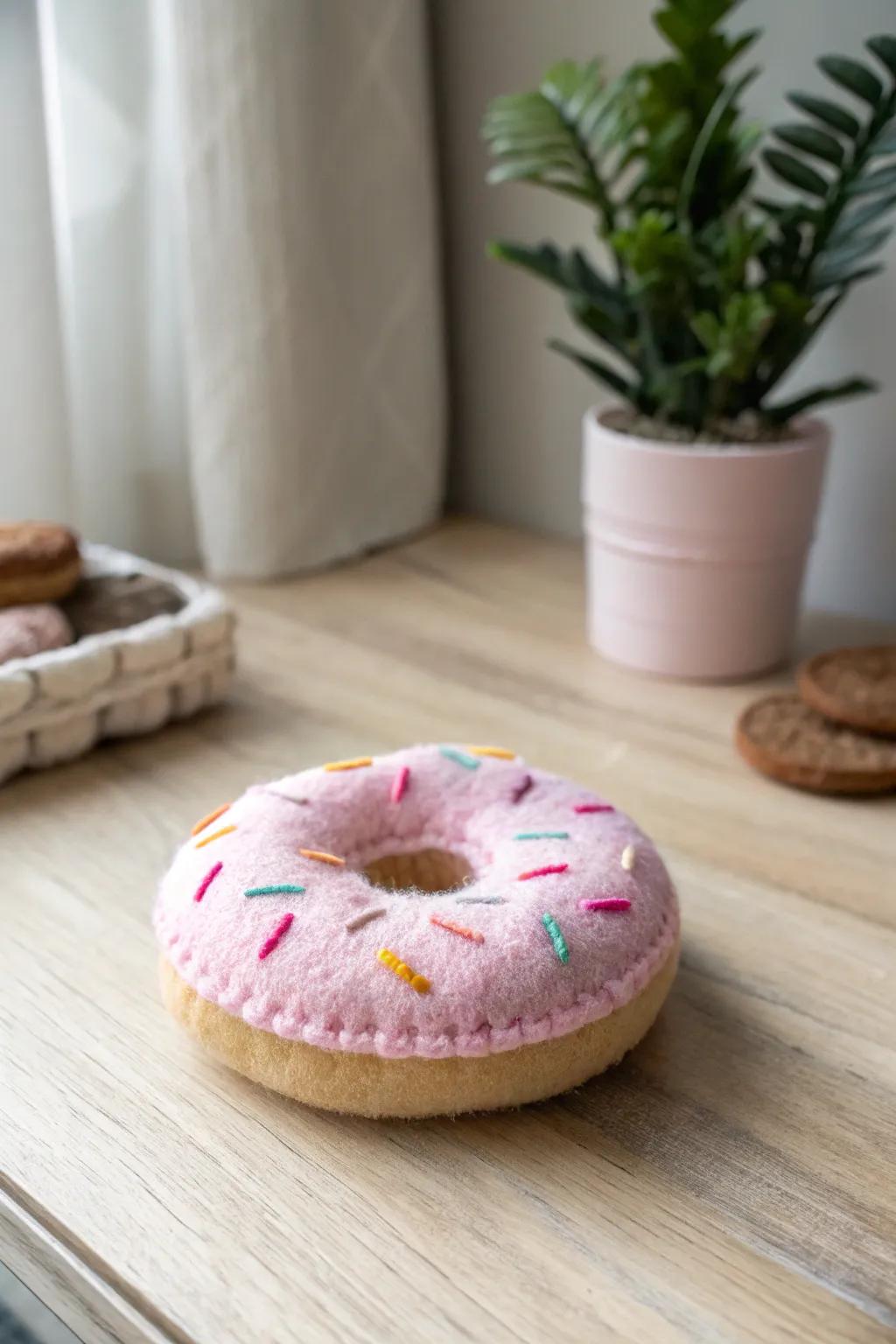 Made with affection: A charming felt doughnut that pleases the eye and offers a gentle sensation.
