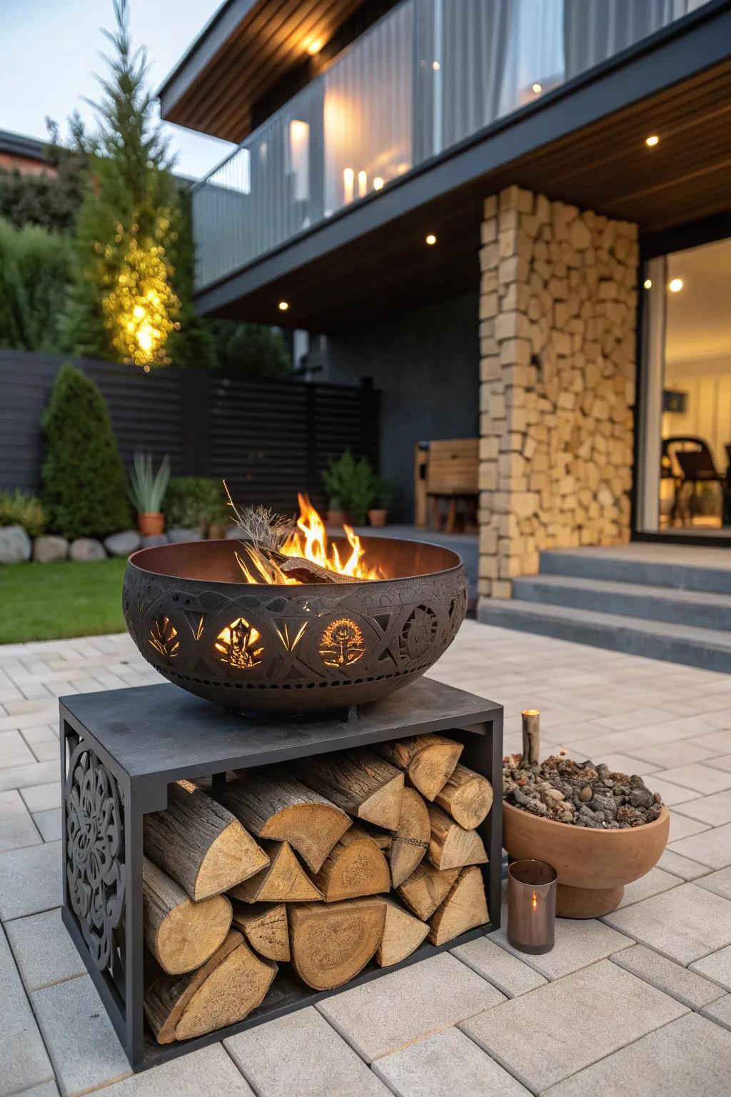 Enhance your open-air space with a striking firepit and wood storage combo, a testament to exceptional craftsmanship and usefulness.