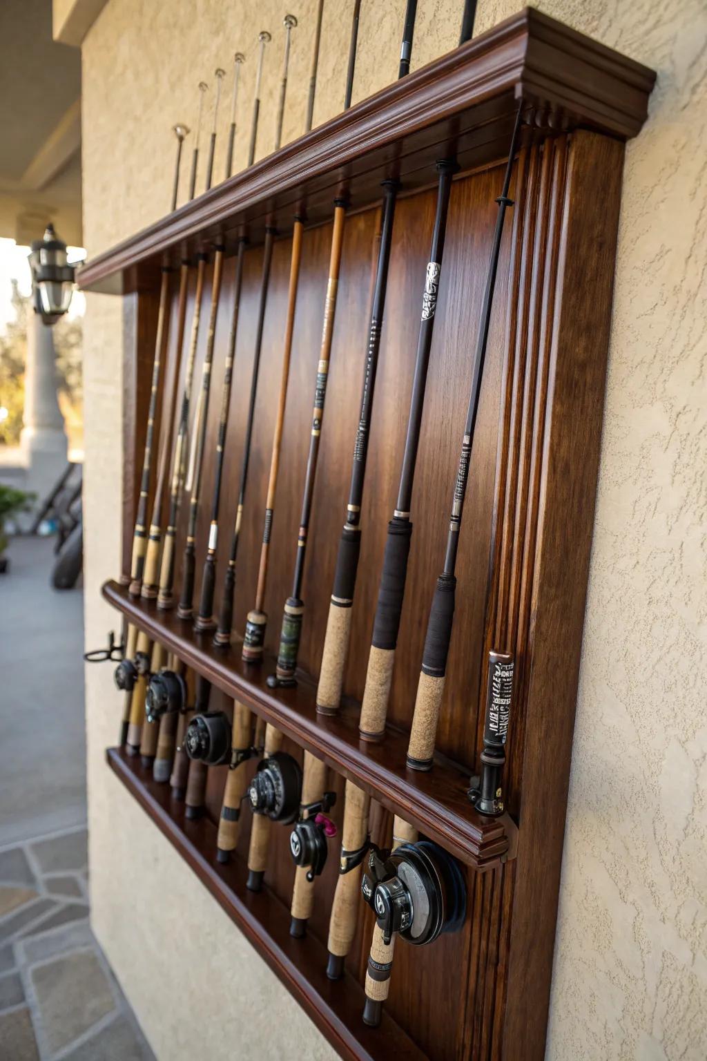 Enhance your space with a wall-mounted fishing pole rack that combines functionality and style.