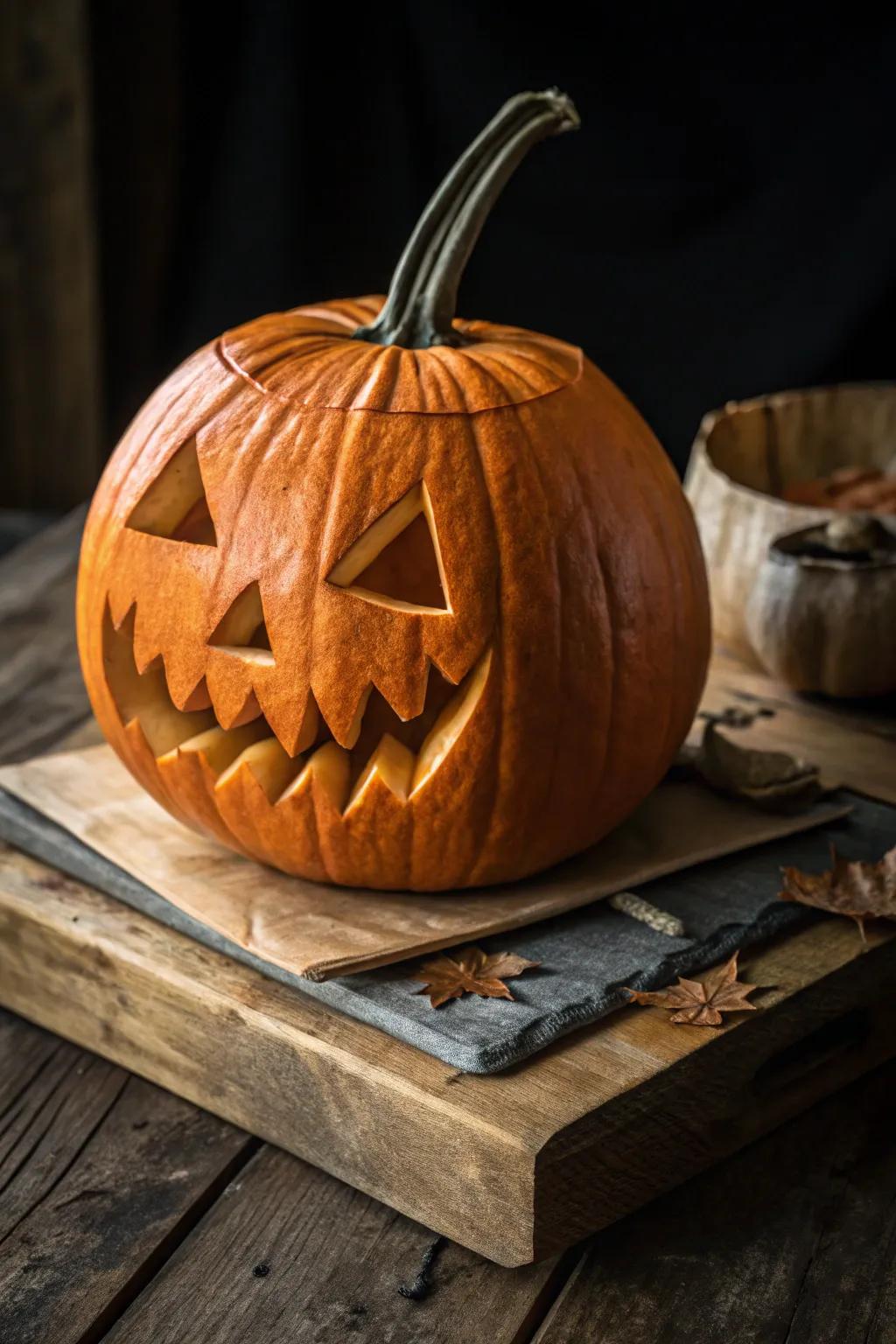 Enhance your Halloween ornamentation with a classic flat jack-o'-lantern, where heritage converges with artistry.