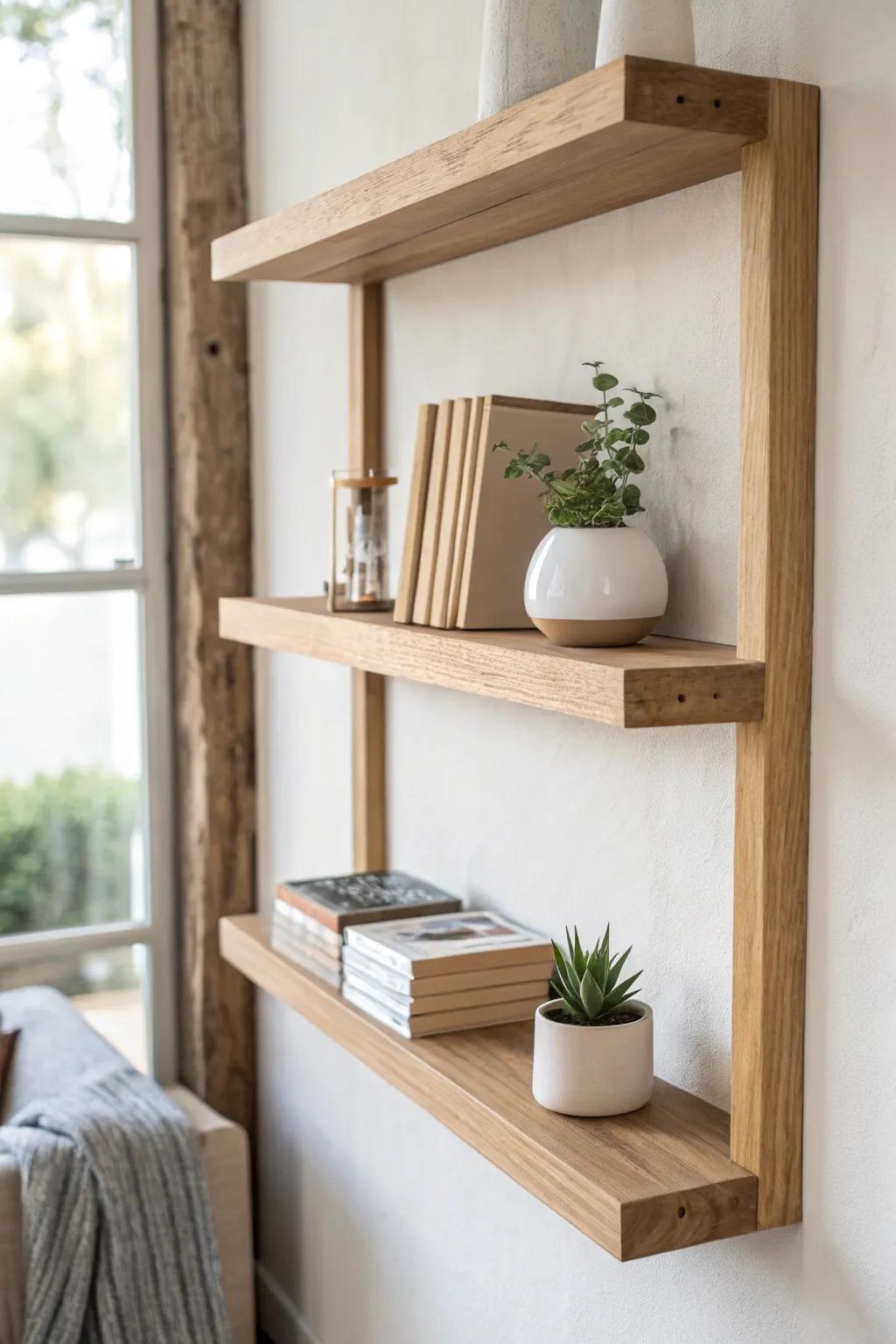Elevate your ambiance with minimalist charm: a floating bookshelf marrying simplicity with organic allure.