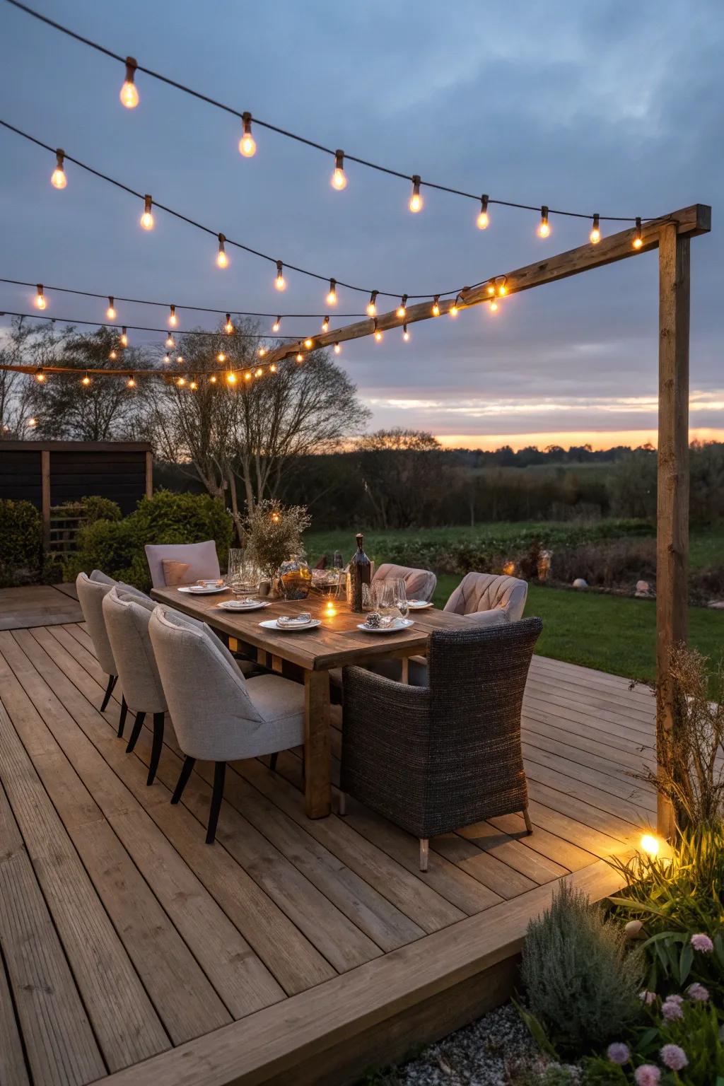 Elevate your evenings with a breathtaking floating deck dining experience.