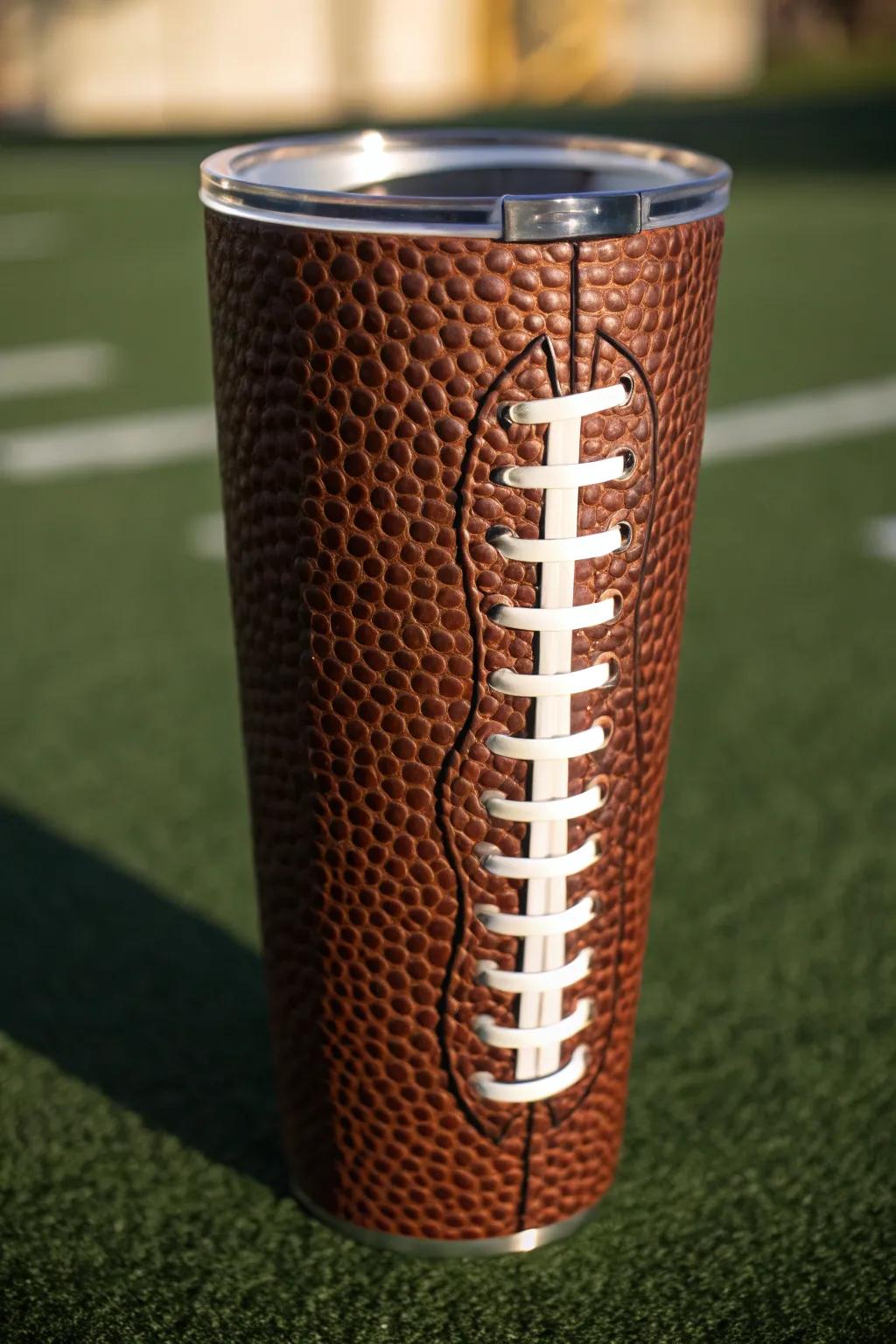 Amplify your game day enjoyment with a tumbler embodying the classic football aesthetic.