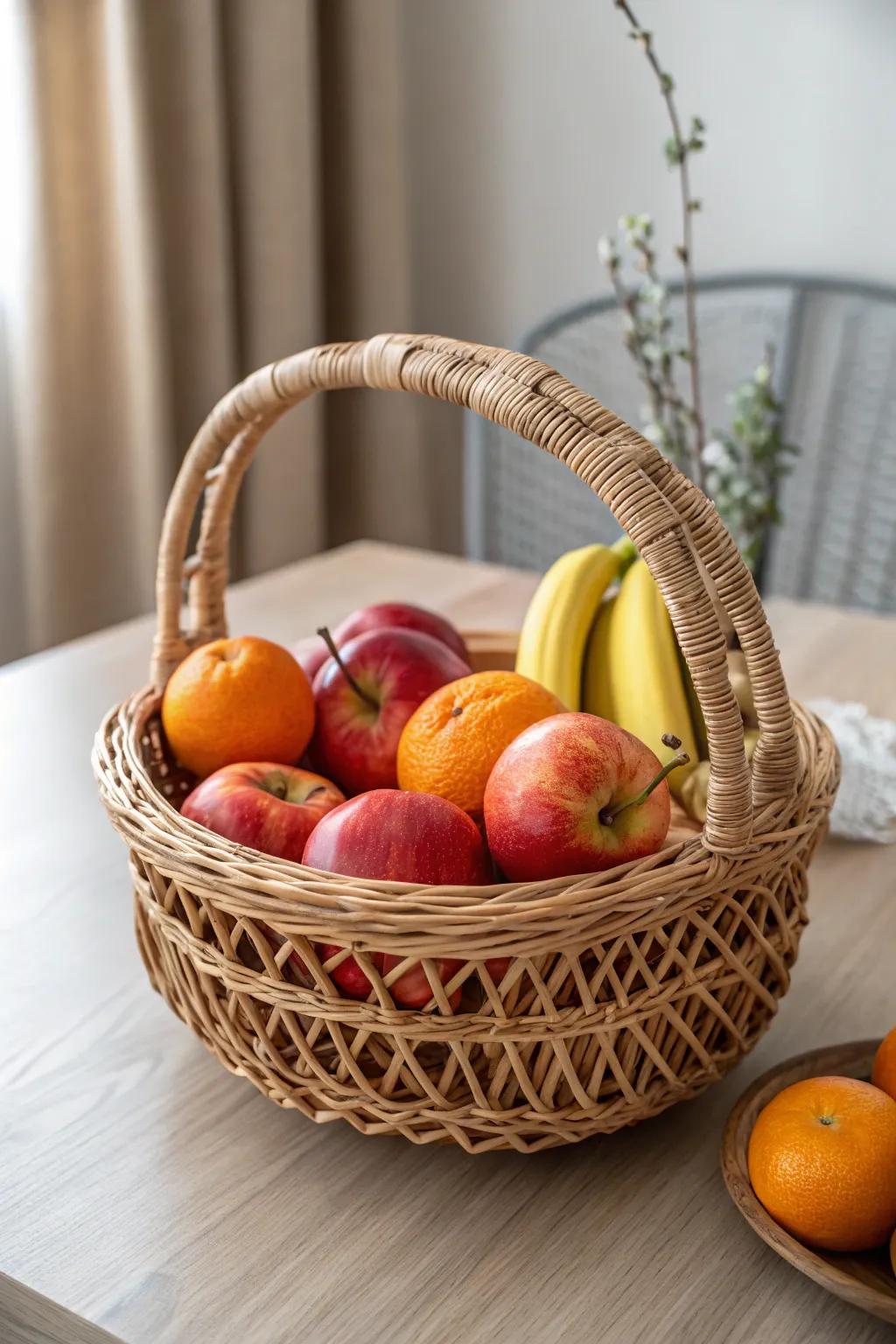 Enhance your home with a traditional wicker fruit arrangement that is as beautiful as it is delicious.
