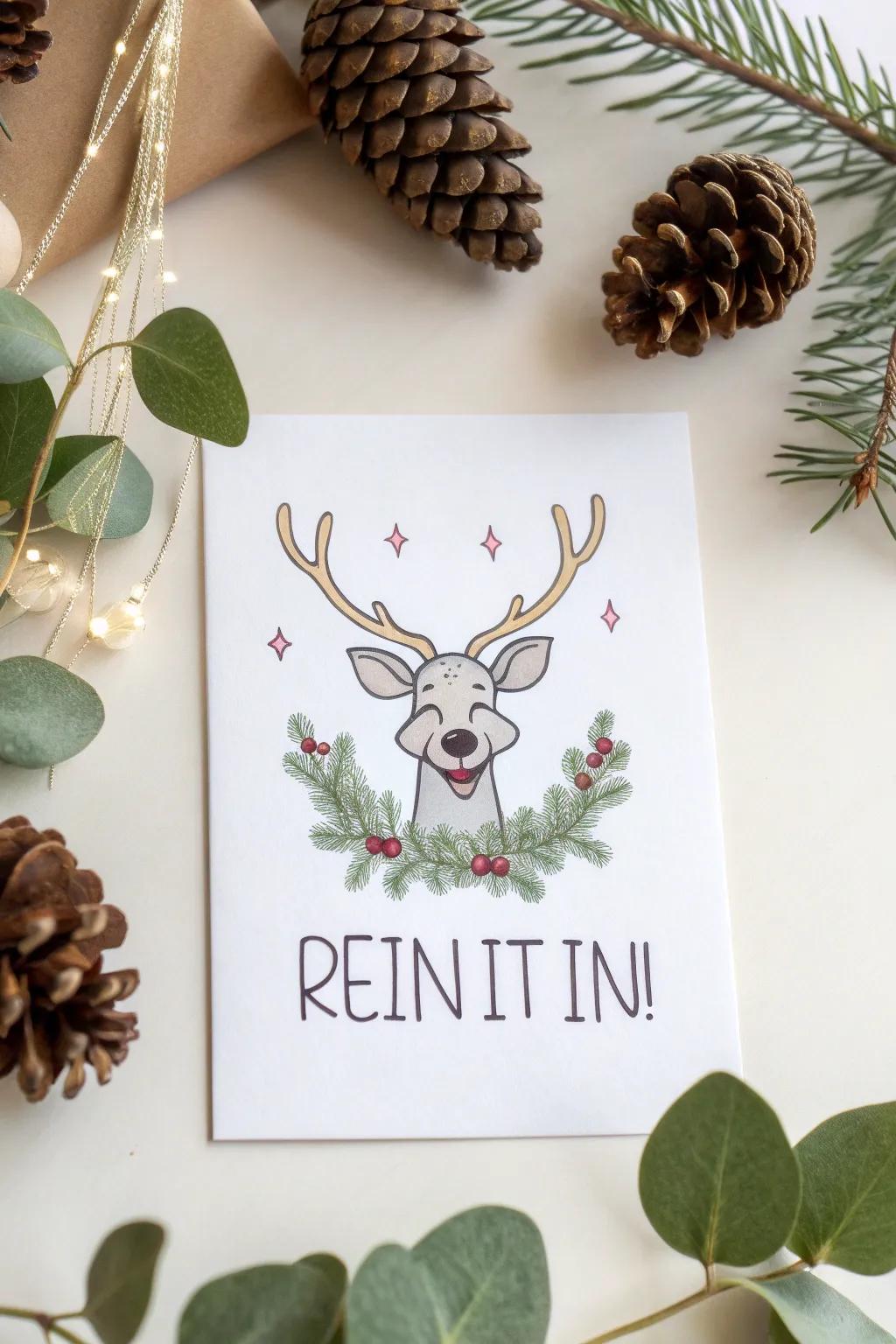 Infuse your holiday salutations with a dash of levity and allure through 'The Reindeer Conundrum' card—where understated design harmonizes with a spirited essence.