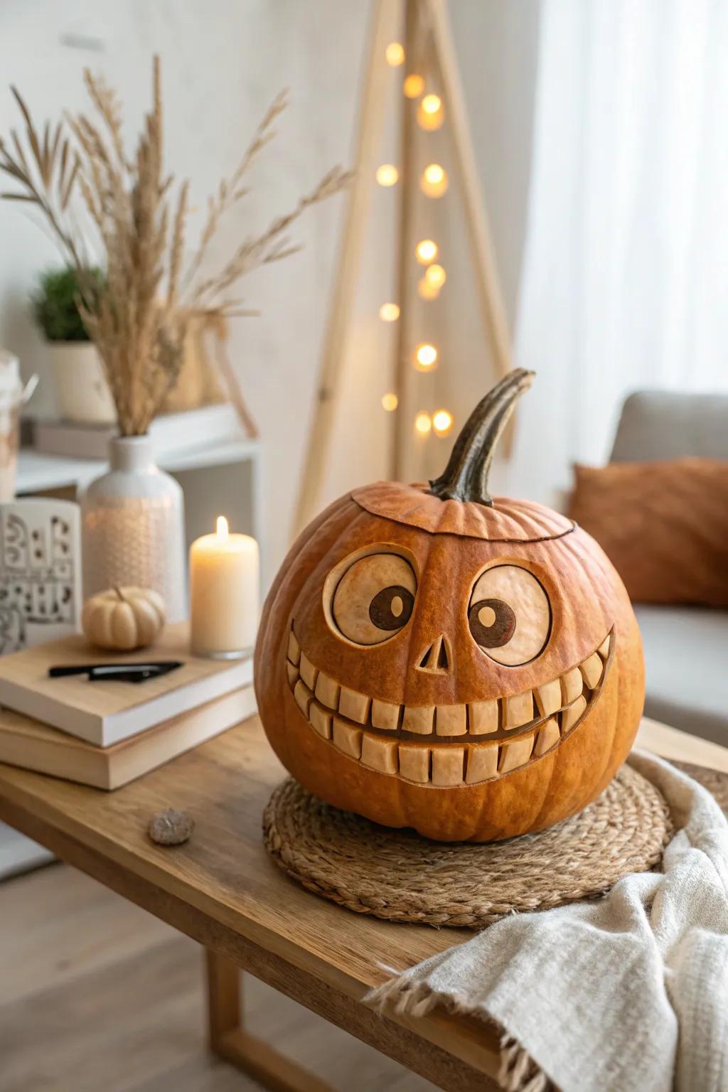 With this goofy grinning pumpkin, which is the ideal fusion of minimalism and whimsical charm, you can fully appreciate the delight of life's simple pleasures!