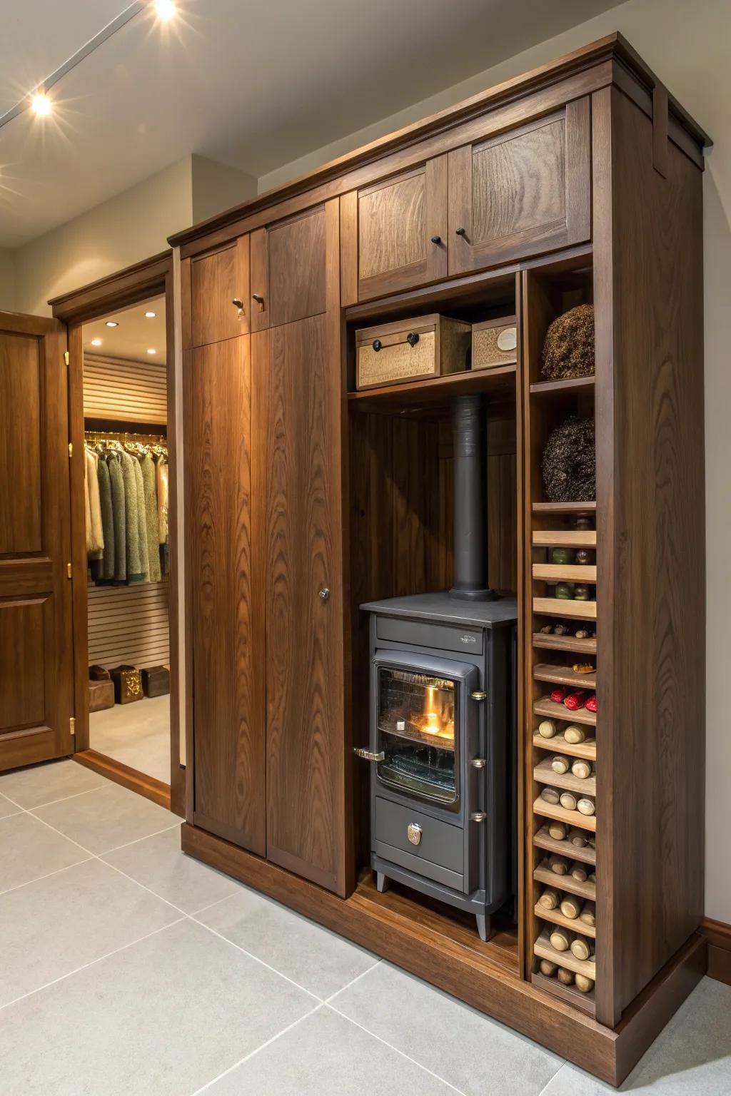 Smooth blending of design and functionality: a furnace tucked away inside a sophisticated wooden closet.