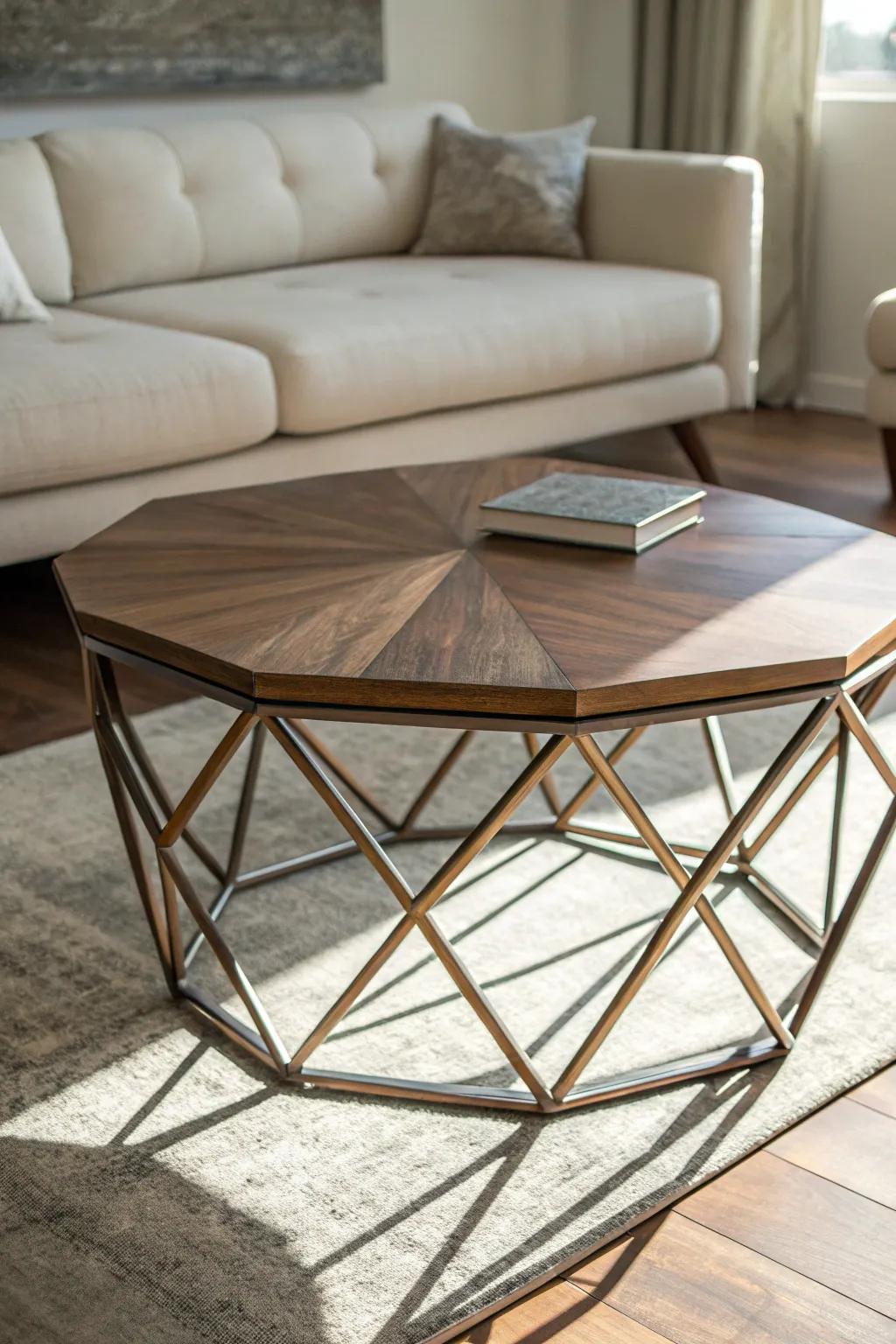 Enhance your living area with this artisan geometric coffee table, where metal artistry comes to life.
