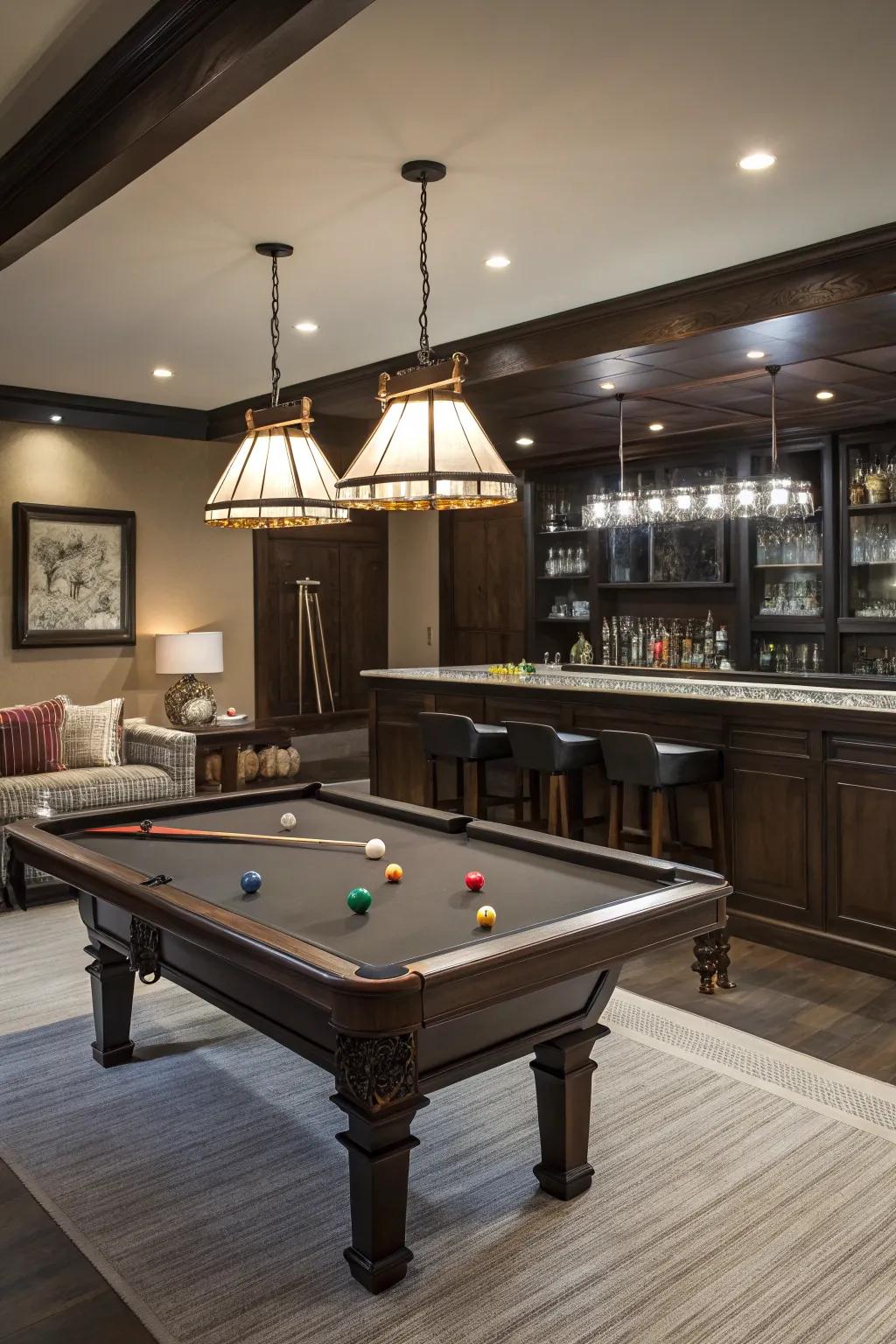 Combining a billiard table with an elegant bar creates an ideal focal point for your game room.
