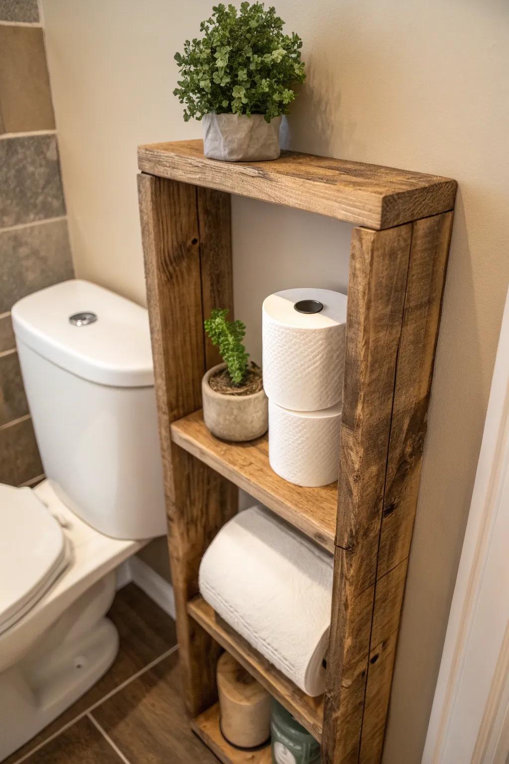 Enhance your lavatory's style with a handcrafted, countryside bookshelf that fits faultlessly between your lavatory and wall. #Craftsmanship #BathroomElegance