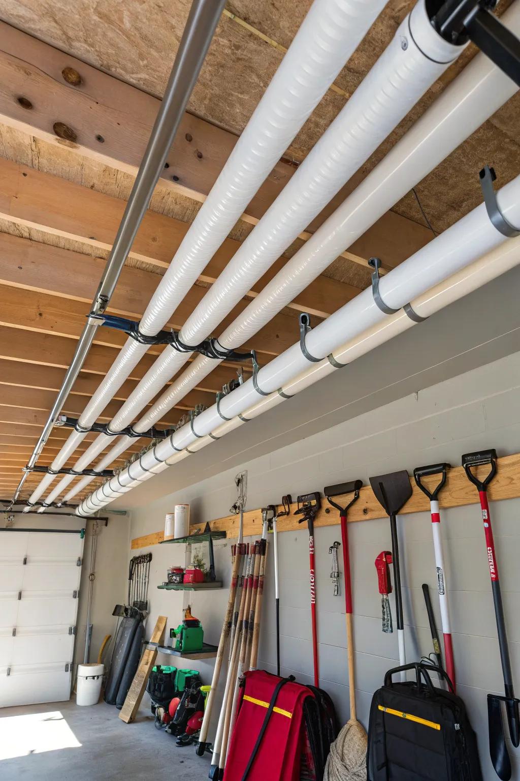 Reclaim your garage floor using stylish overhead polyvinyl chloride conduit storage designed for your seasonal items.