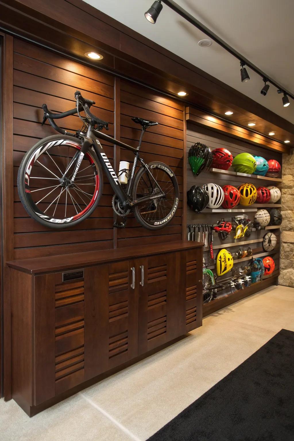 Improve your garage's functionality with expertly organized slatwall storage solutions for all your athletic equipment.