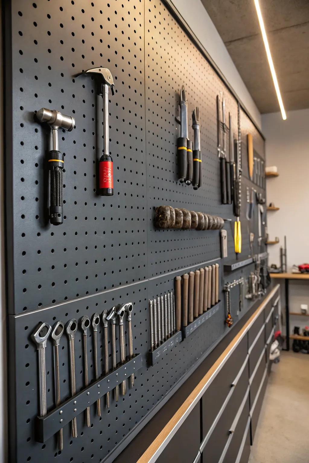 Transform your garage with pegboard artistry—where style harmonizes with functionality in tool organization.