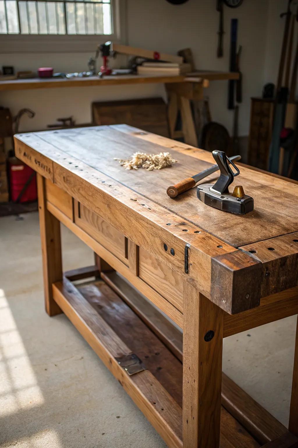 Relish in the timeless grace of a classic wooden workbench, the keystone of craftsmanship in your garage.