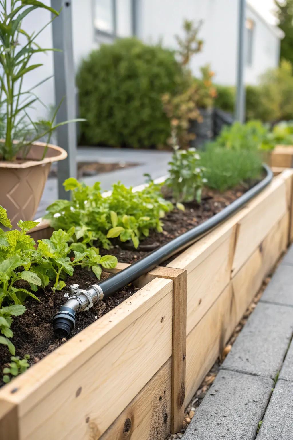 Enhance your garden with minimalist sophistication: a fluid irrigation solution for your elevated beds.
