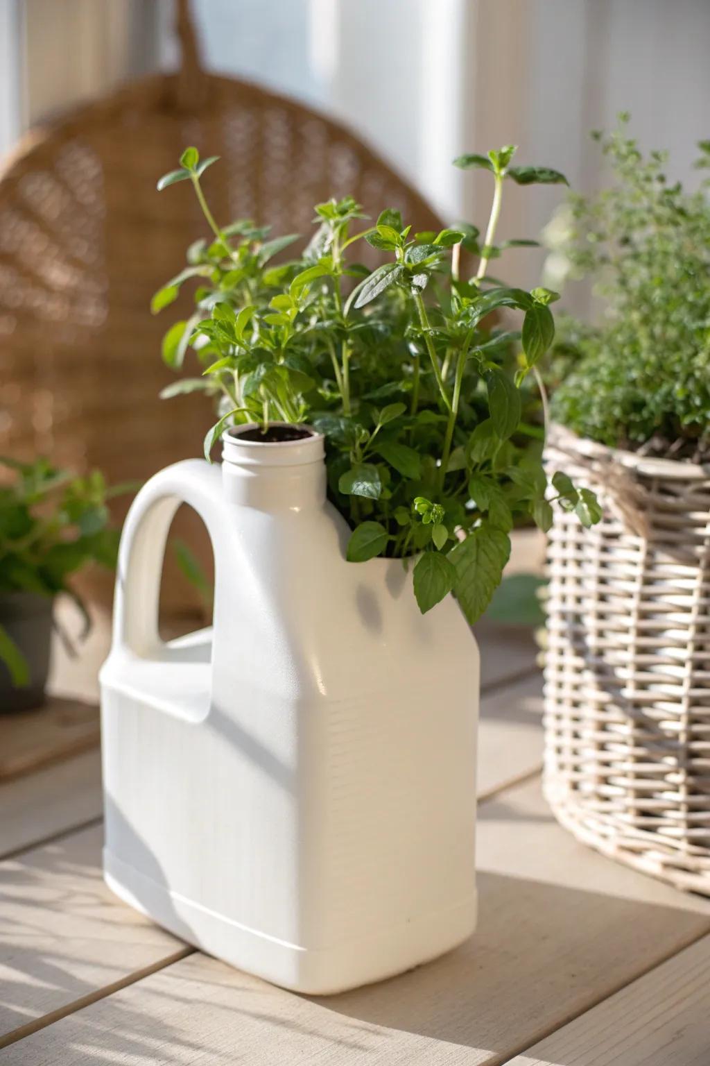 Appreciate the ease and charm of this delightful repurposed container planter—ideal for nurturing your herb garden!