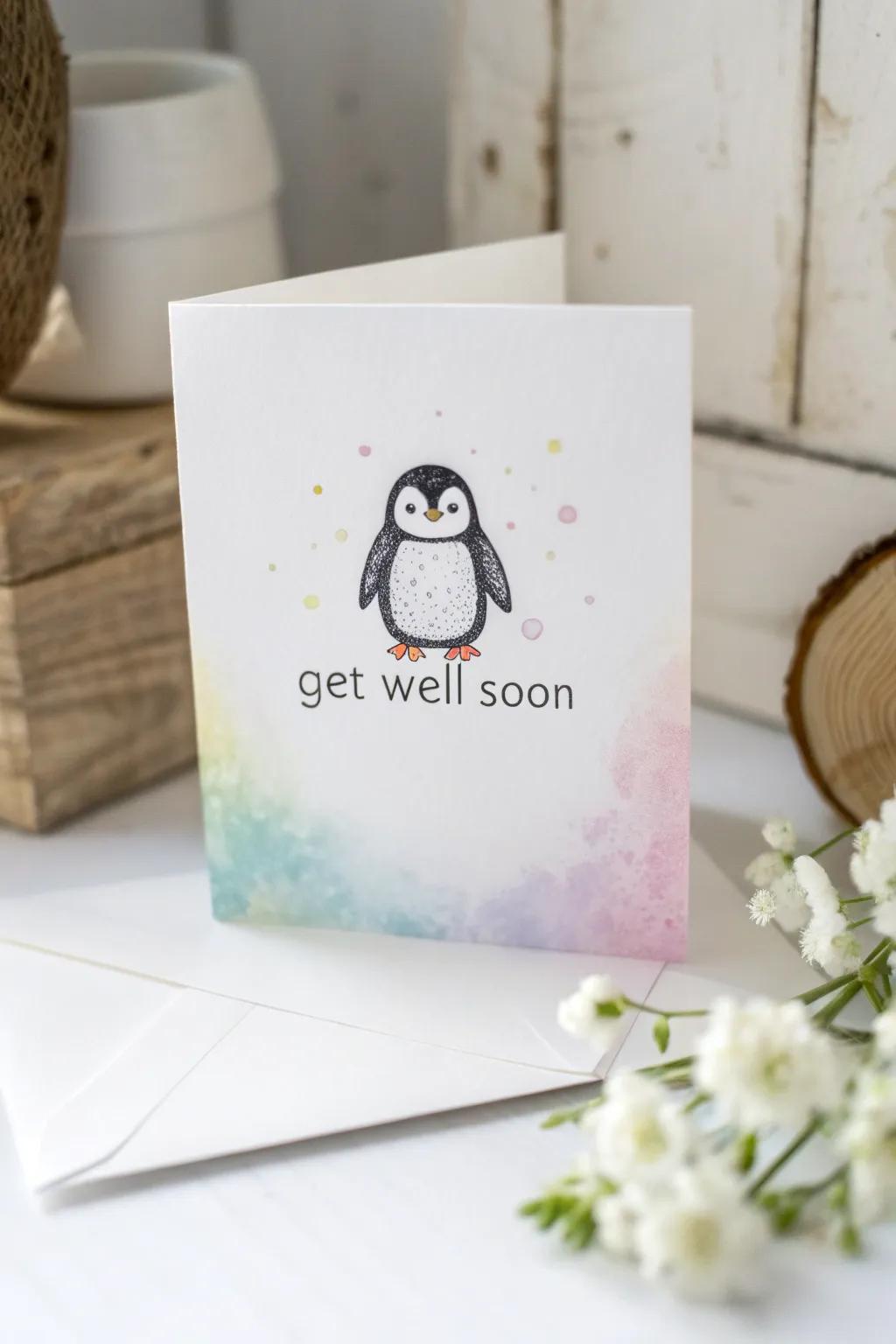 Brighten spirits with this precious penguin 'get well' card, blending simple design with boho allure.