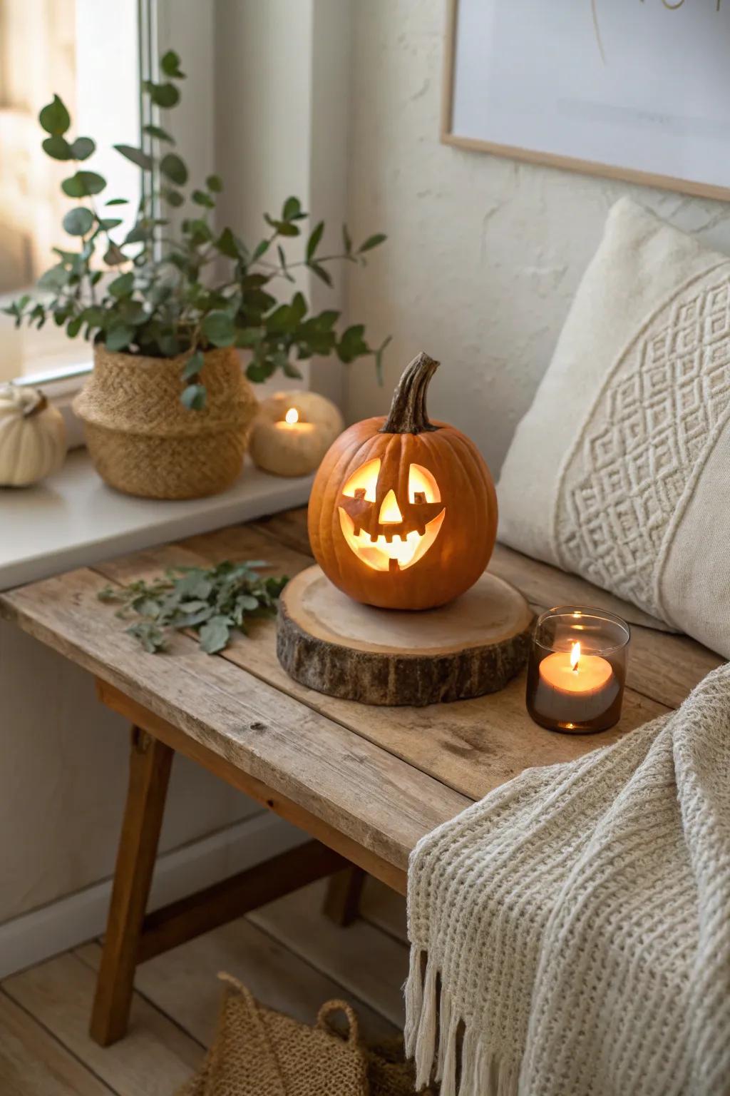 Celebrate the allure of simplicity with a timeless ghost gourd carving, beautifully aglow in a minimalist arrangement.