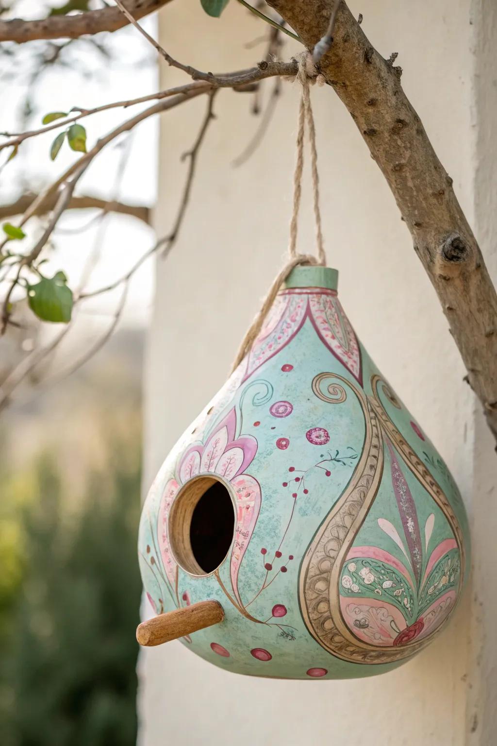 Enliven your garden with a touch of whimsy and charm with this handcrafted gourd birdhouse.